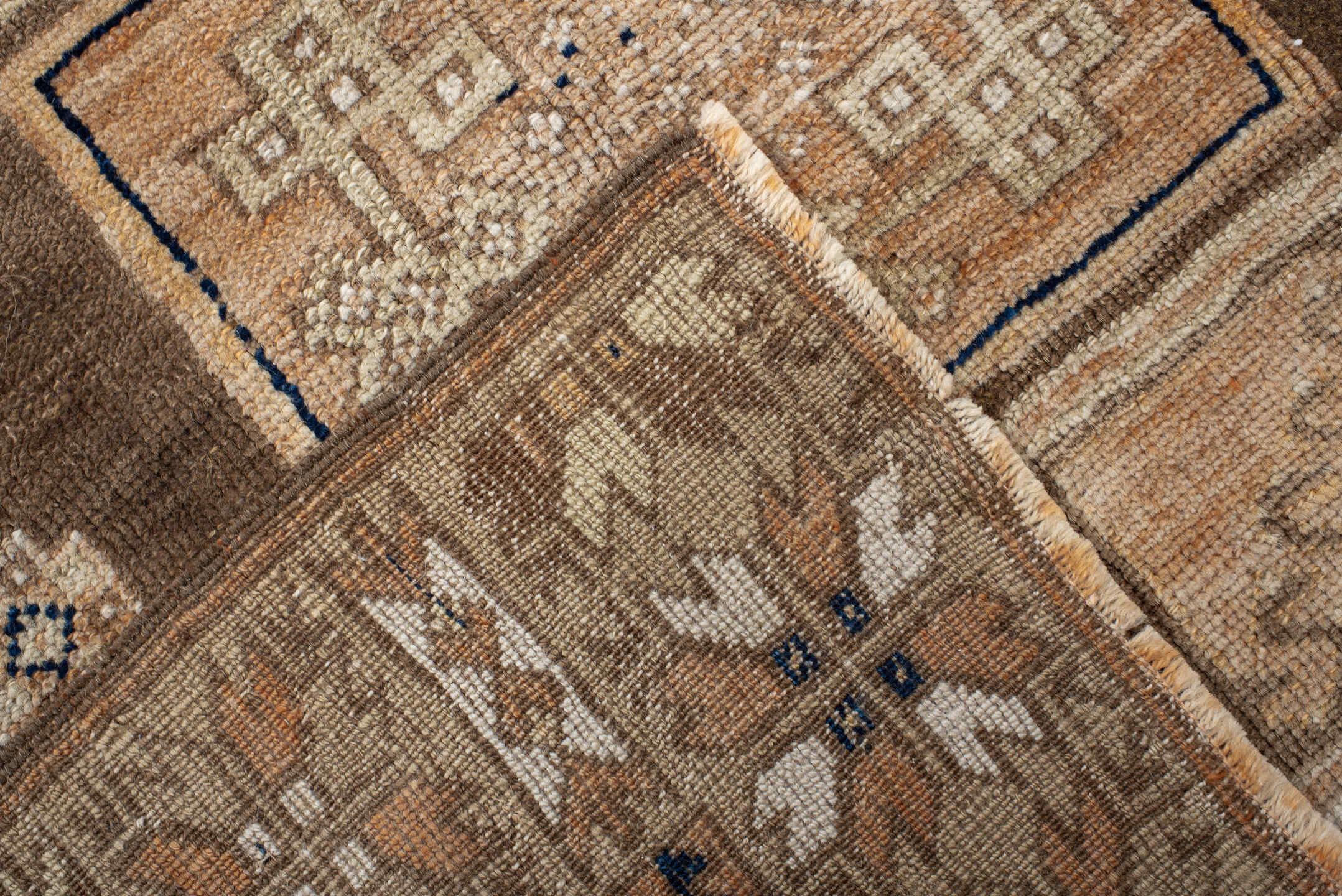 3' x 11' one-of-a-kind handmade vintage Oushak runner rug. Color palette: taupe, ivory, sand, navy, camel, beige, brown
