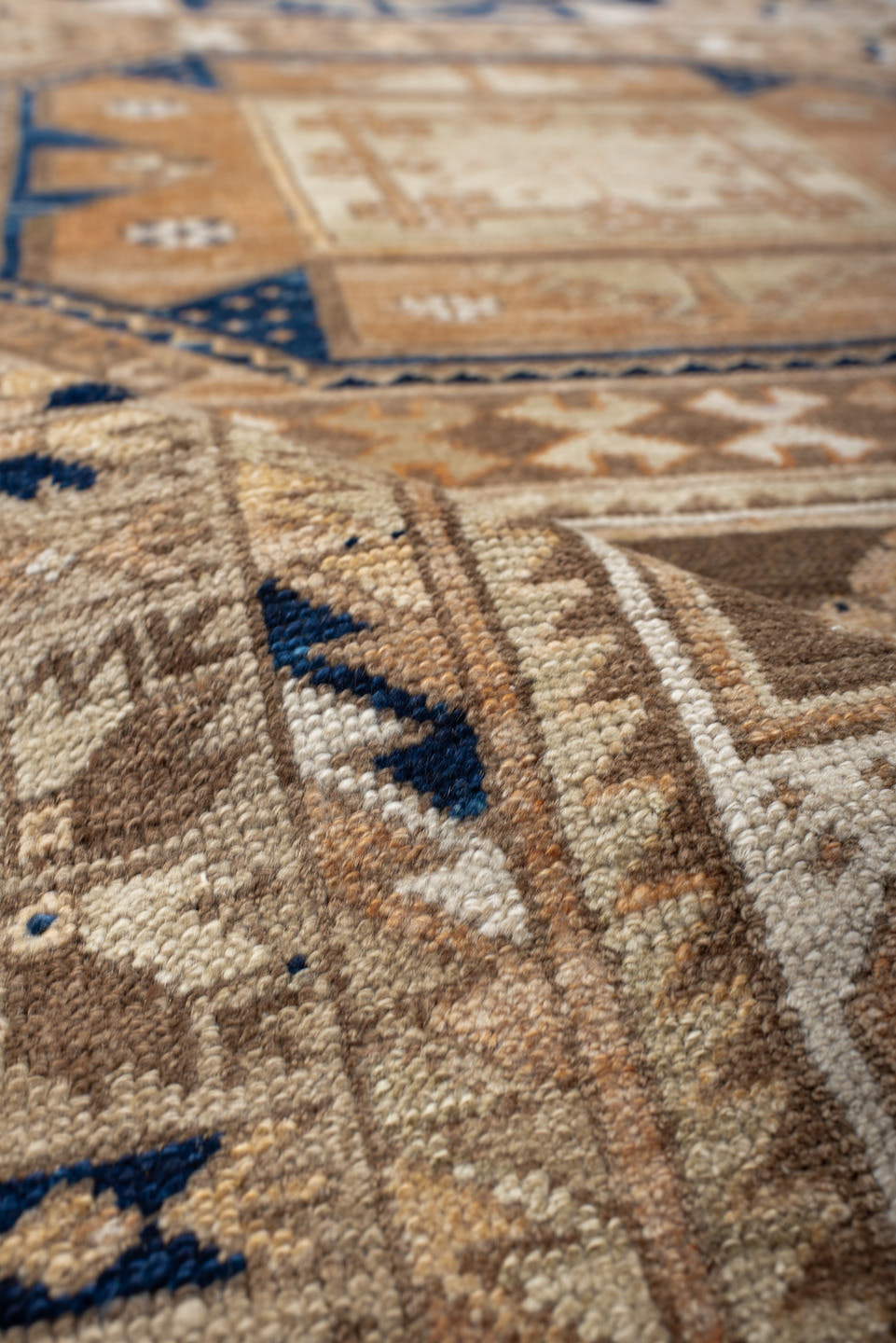3' x 11' one-of-a-kind handmade vintage Oushak runner rug. Color palette: taupe, ivory, sand, navy, camel, beige, brown