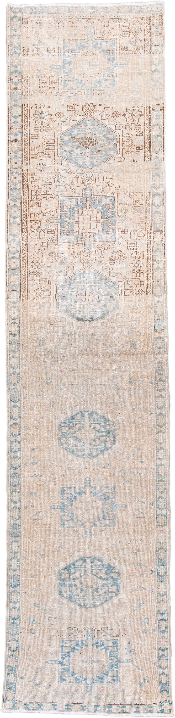 3' x 13' one-of-a-kind handmade antique Karaje runner rug. Color palette: ivory, pale blue, beige, taupe, camel, light brown