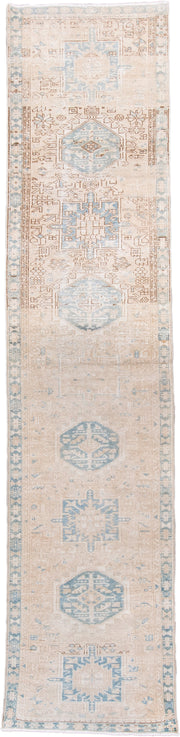3' x 13' one-of-a-kind handmade antique Karaje runner rug. Color palette: ivory, pale blue, beige, taupe, camel, light brown