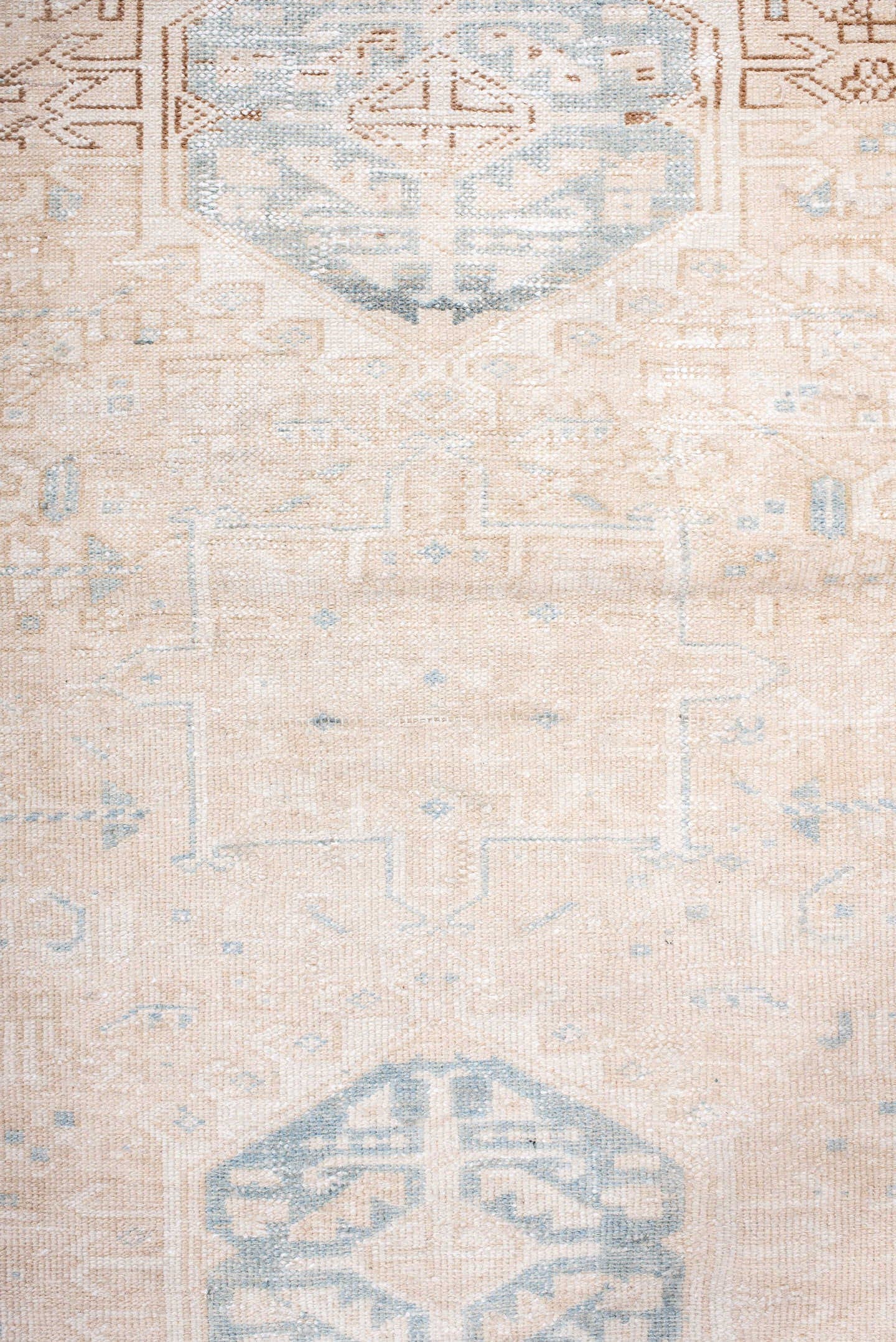 3' x 13' one-of-a-kind handmade antique Karaje runner rug. Color palette: ivory, pale blue, beige, taupe, camel, light brown