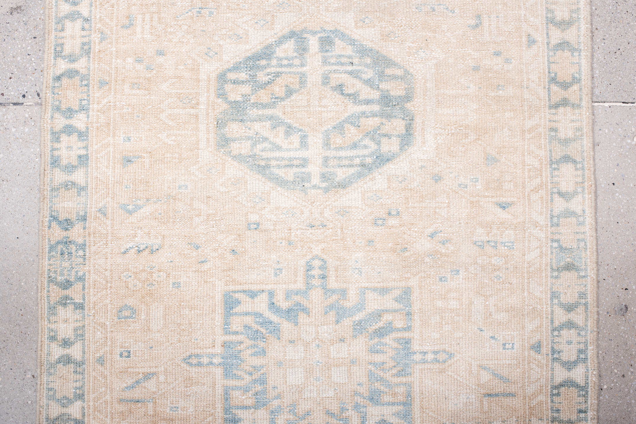3' x 13' one-of-a-kind handmade antique Karaje runner rug. Color palette: ivory, pale blue, beige, taupe, camel, light brown