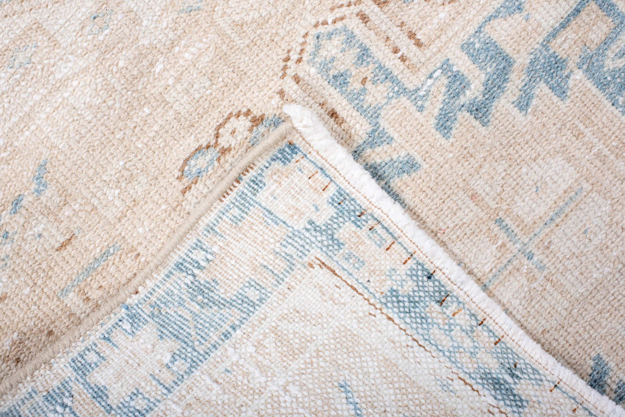 3' x 13' one-of-a-kind handmade antique Karaje runner rug. Color palette: ivory, pale blue, beige, taupe, camel, light brown