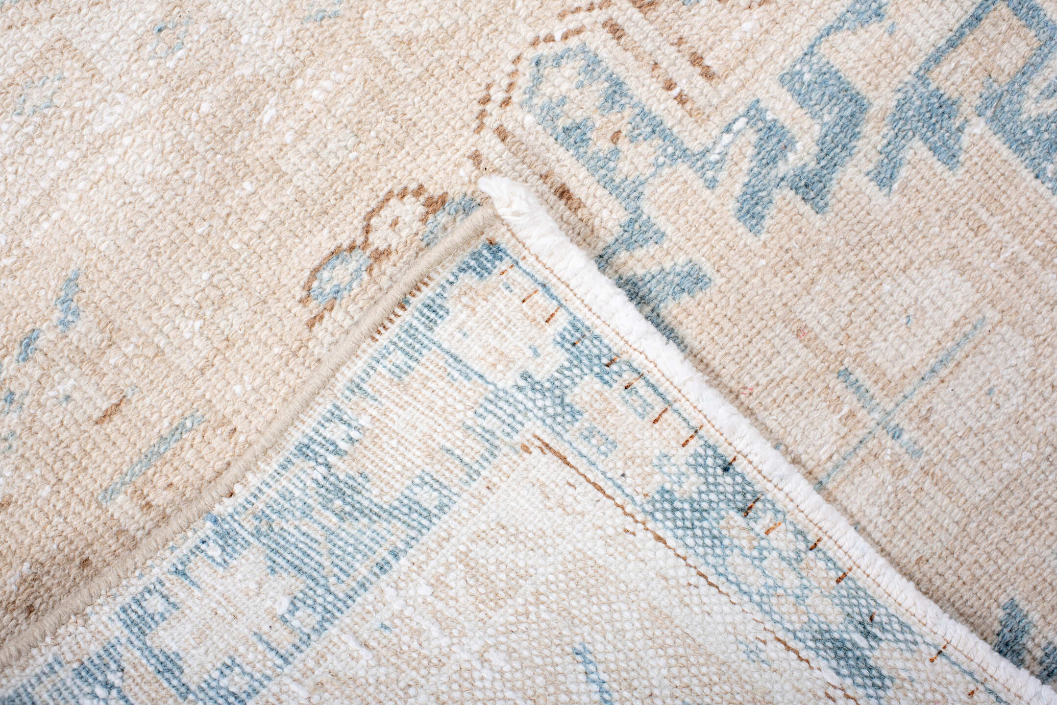 3' x 13' one-of-a-kind handmade antique Karaje runner rug. Color palette: ivory, pale blue, beige, taupe, camel, light brown