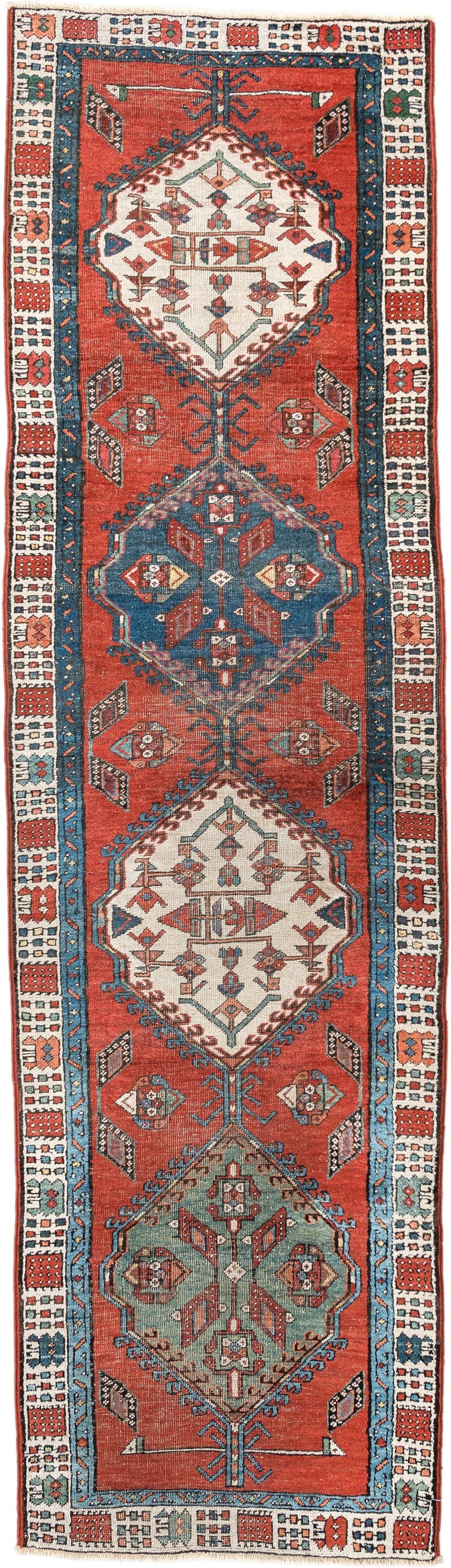2' x 9' one-of-a-kind handmade vintage Saraband runner rug. Color palette: terra cotta, ivory, blue, rust, slate, sage