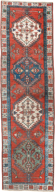 2' x 9' one-of-a-kind handmade vintage Saraband runner rug. Color palette: terra cotta, ivory, blue, rust, slate, sage