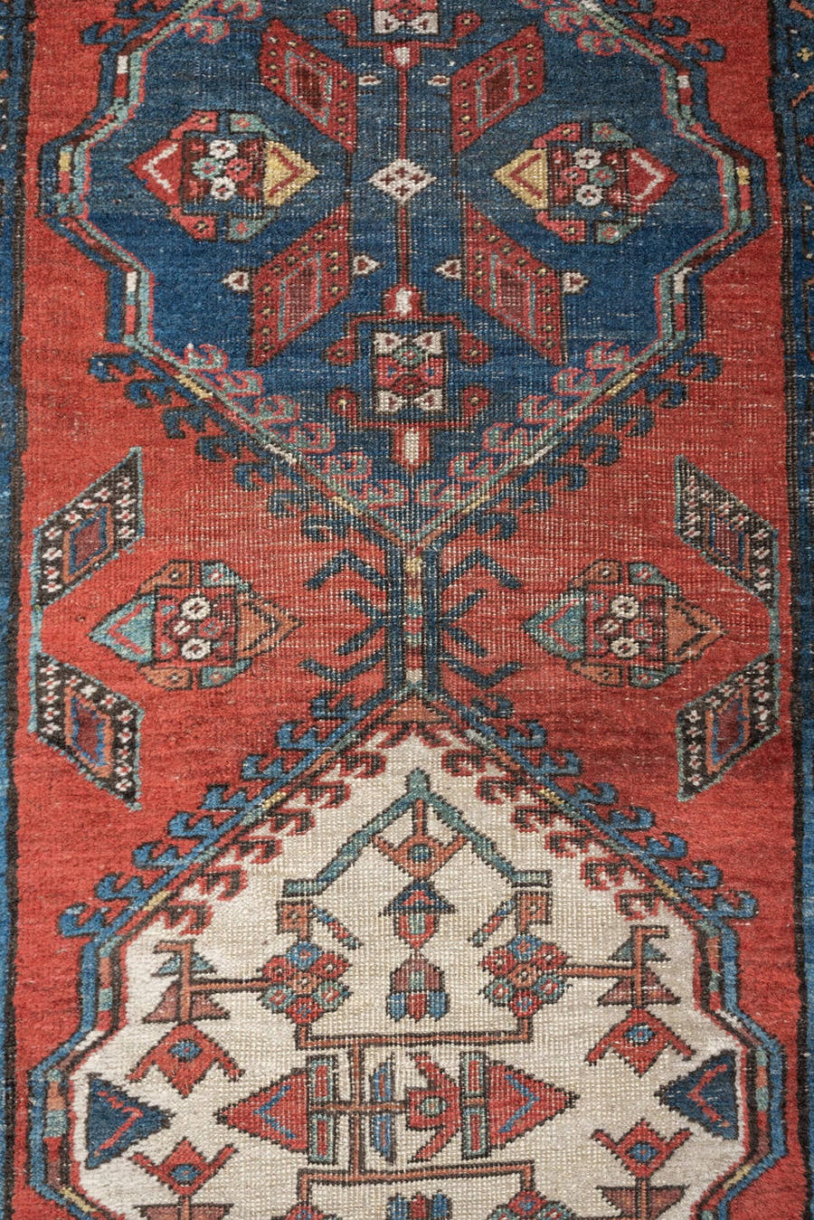 2' x 9' one-of-a-kind handmade vintage Saraband runner rug. Color palette: terra cotta, ivory, blue, rust, slate, sage