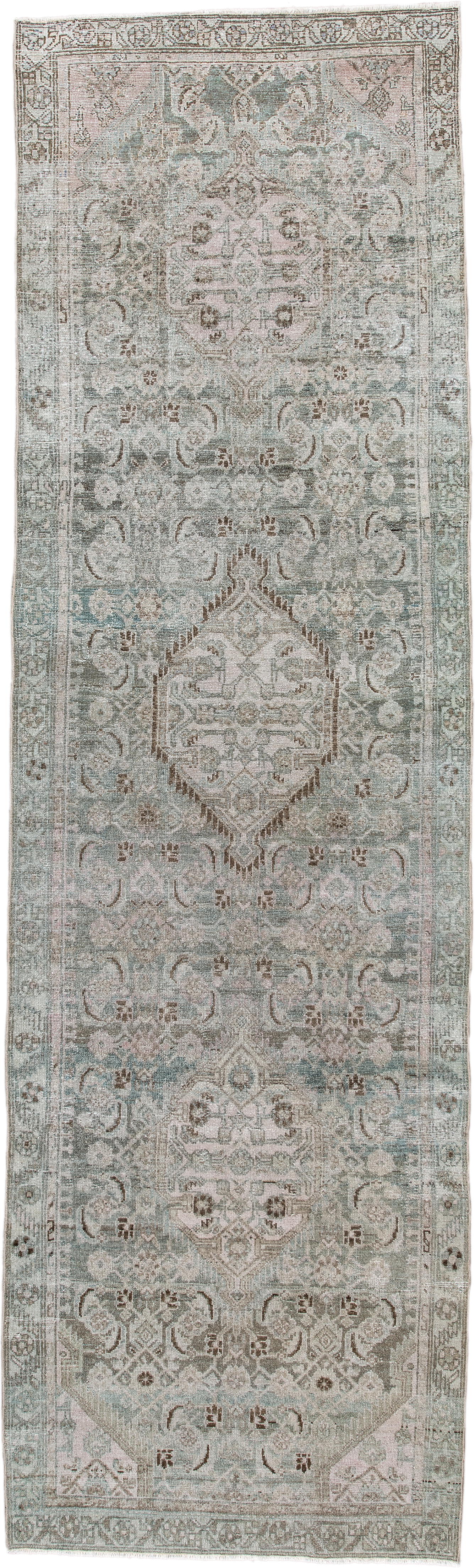 3' x 10' one-of-a-kind handmade antique Malayer runner rug. Color palette: ivory, pale aqua, taupe, brown, sage, beige, teal