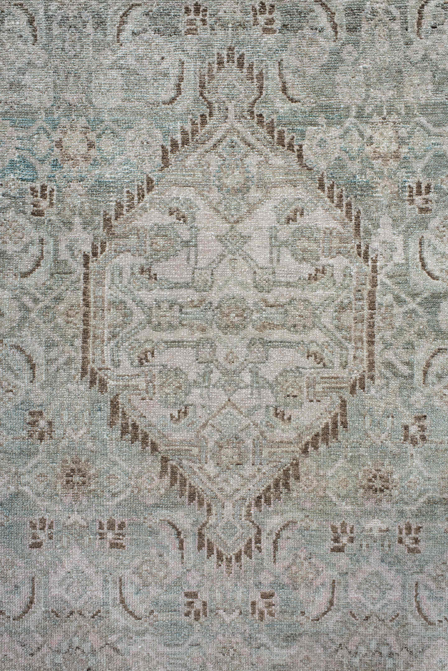 3' x 10' one-of-a-kind handmade antique Malayer runner rug. Color palette: ivory, pale aqua, taupe, brown, sage, beige, teal