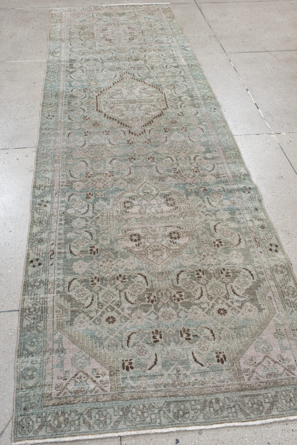 3' x 10' one-of-a-kind handmade antique Malayer runner rug. Color palette: ivory, pale aqua, taupe, brown, sage, beige, teal