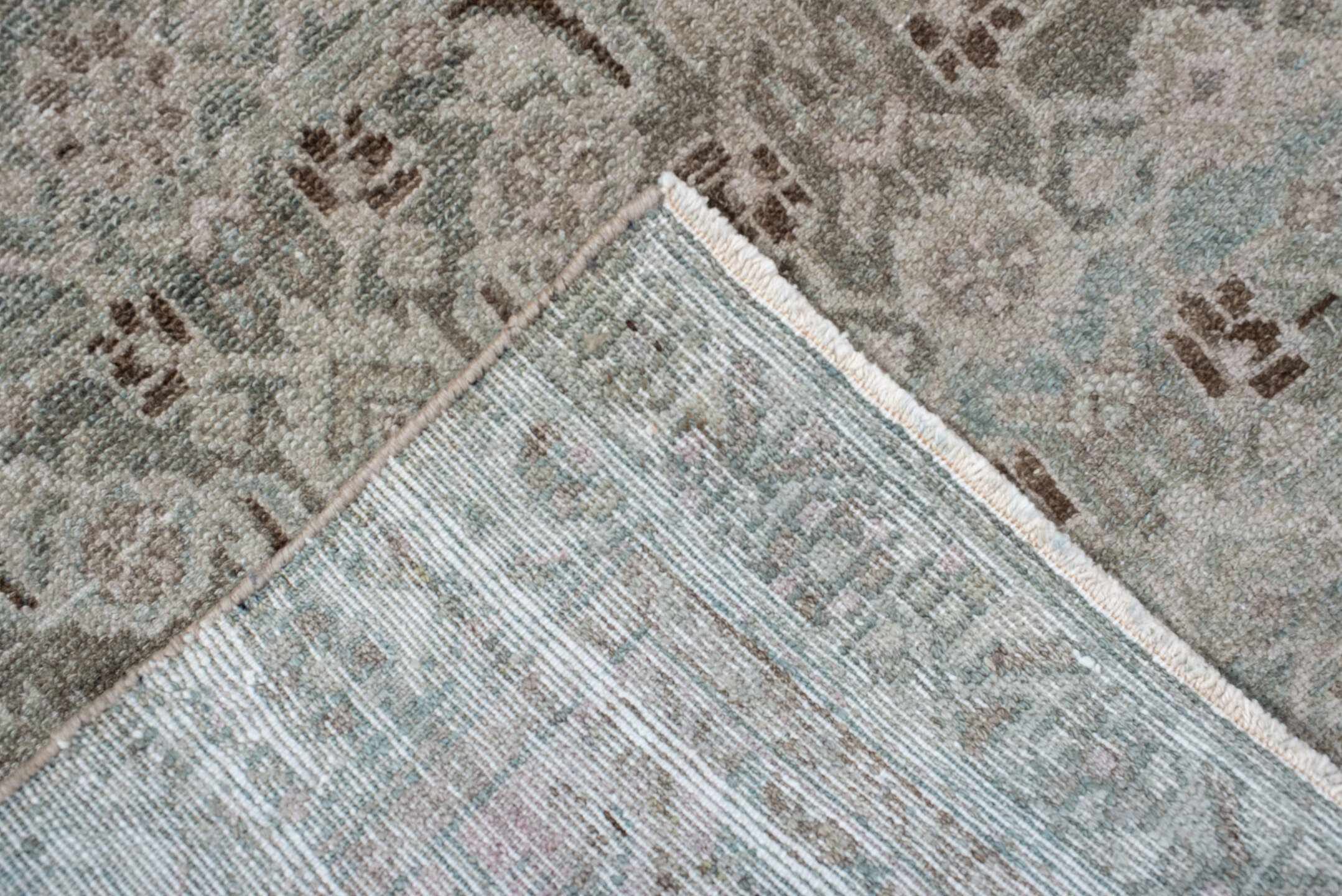 3' x 10' one-of-a-kind handmade antique Malayer runner rug. Color palette: ivory, pale aqua, taupe, brown, sage, beige, teal