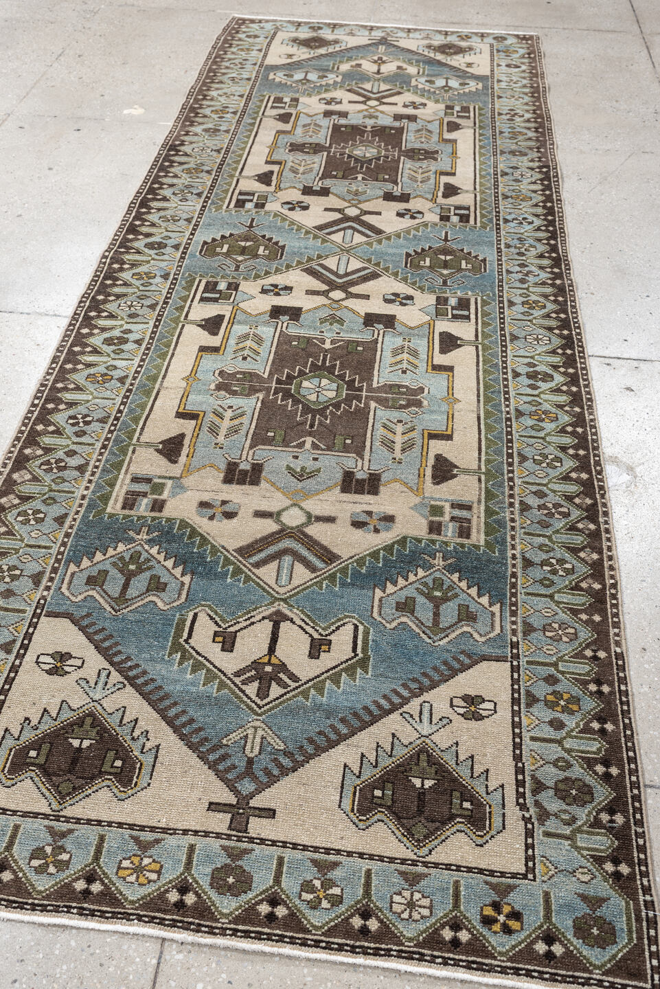 3' x 10' one-of-a-kind handmade antique Malayer runner rug. Color palette: ivory, powder blue, brown, taupe, gold, sage
