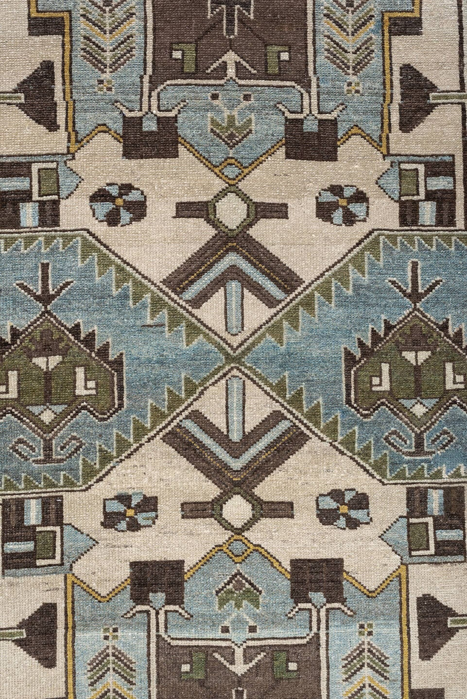 3' x 10' one-of-a-kind handmade antique Malayer runner rug. Color palette: ivory, powder blue, brown, taupe, gold, sage