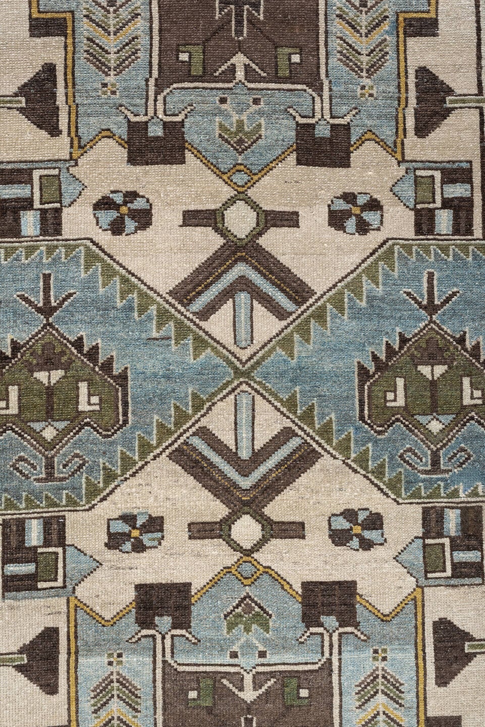 3' x 10' one-of-a-kind handmade antique Malayer runner rug. Color palette: ivory, powder blue, brown, taupe, gold, sage