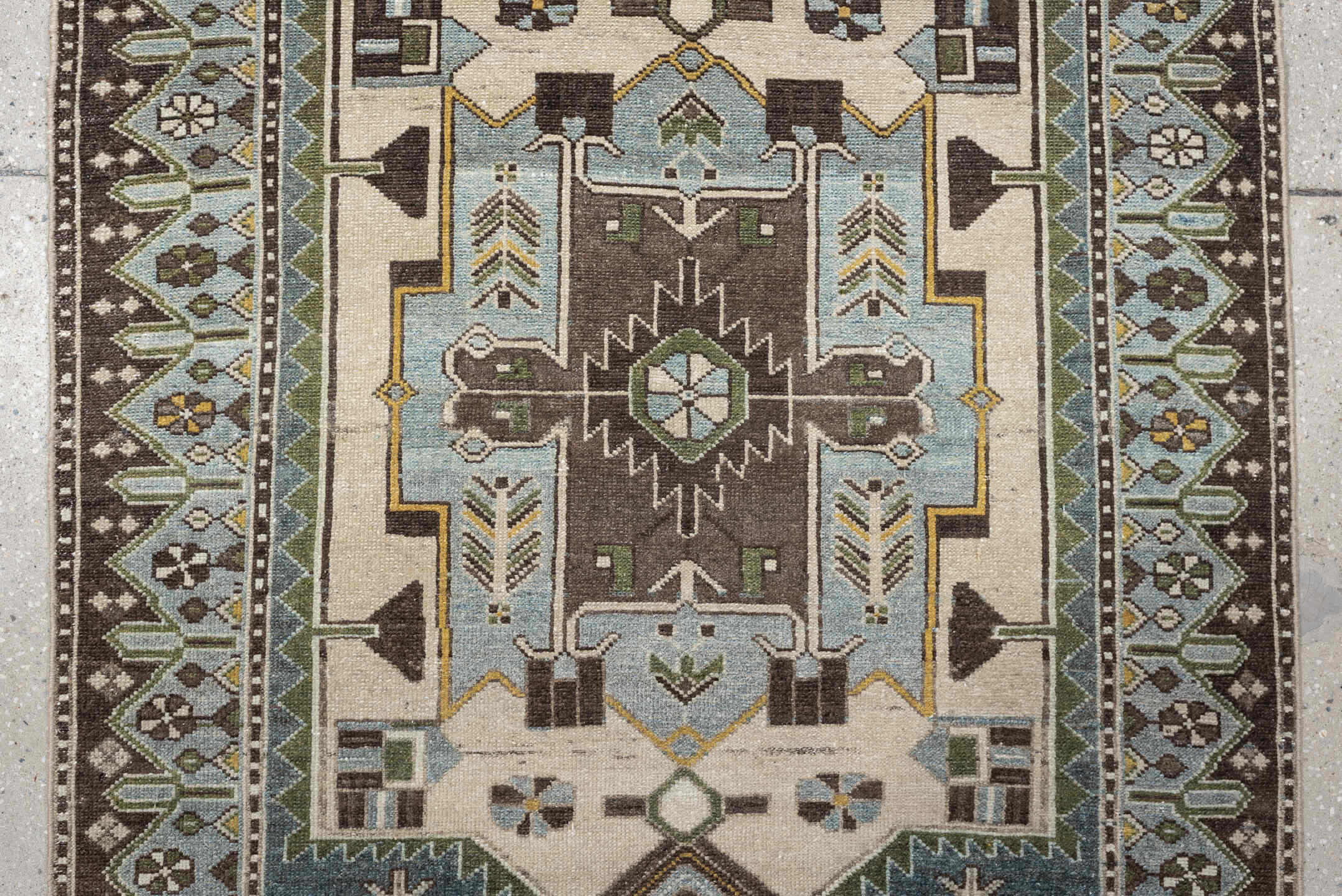 3' x 10' one-of-a-kind handmade antique Malayer runner rug. Color palette: ivory, powder blue, brown, taupe, gold, sage
