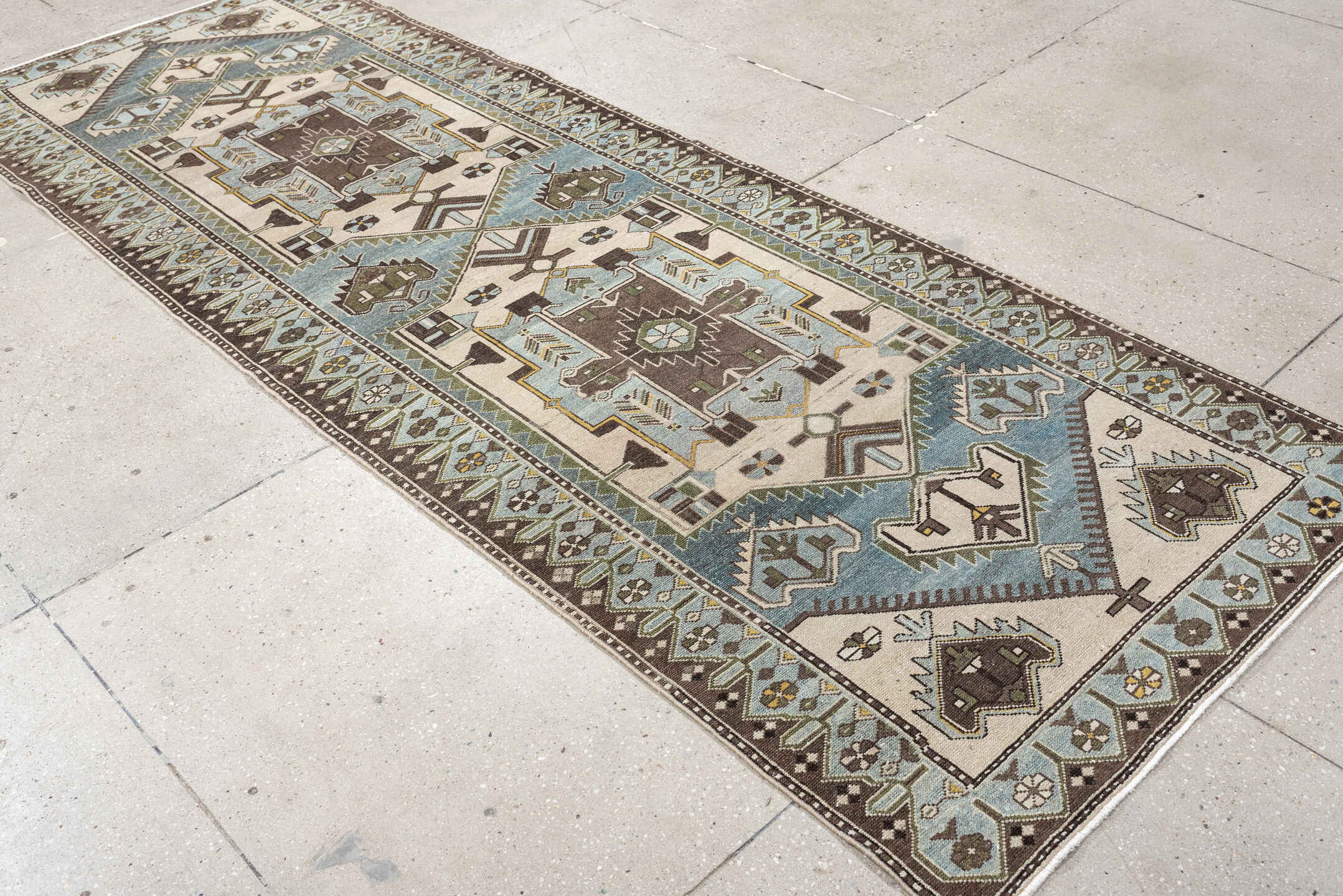 3' x 10' one-of-a-kind handmade antique Malayer runner rug. Color palette: ivory, powder blue, brown, taupe, gold, sage