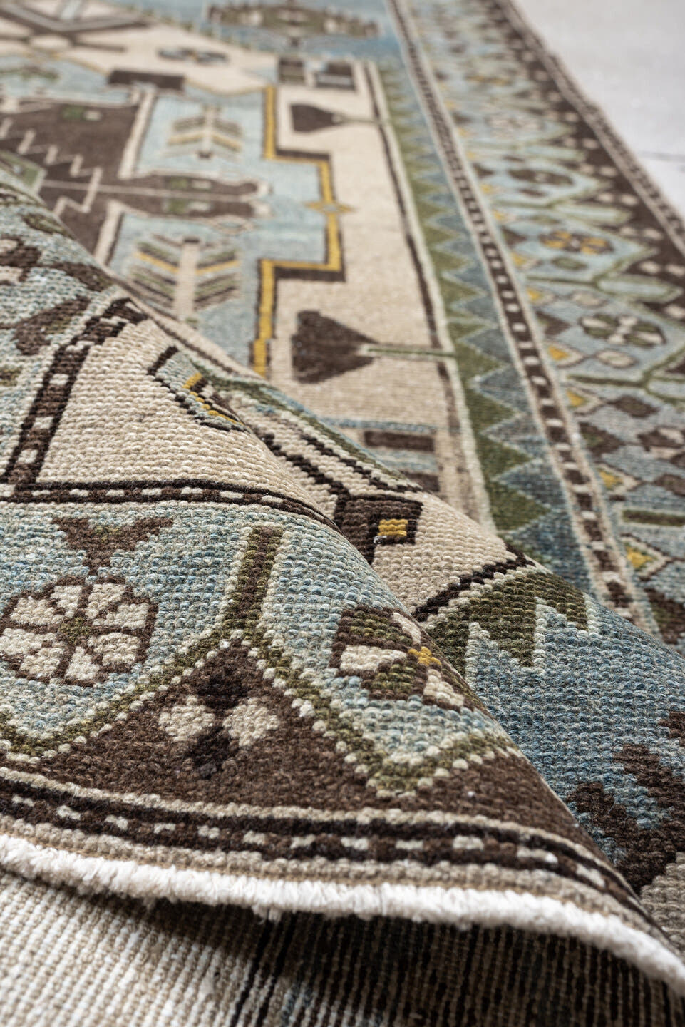 3' x 10' one-of-a-kind handmade antique Malayer runner rug. Color palette: ivory, powder blue, brown, taupe, gold, sage
