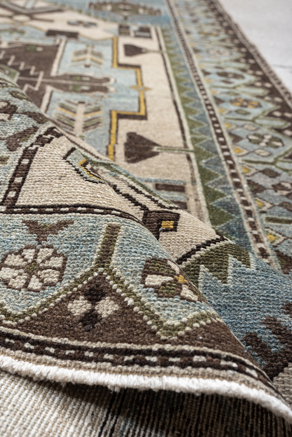 3' x 10' one-of-a-kind handmade antique Malayer runner rug. Color palette: ivory, powder blue, brown, taupe, gold, sage