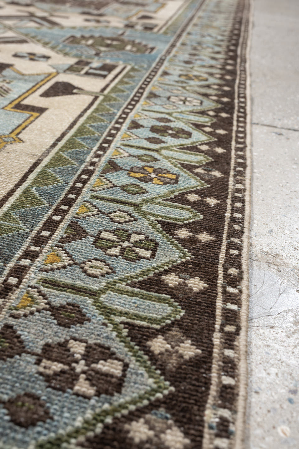 3' x 10' one-of-a-kind handmade antique Malayer runner rug. Color palette: ivory, powder blue, brown, taupe, gold, sage
