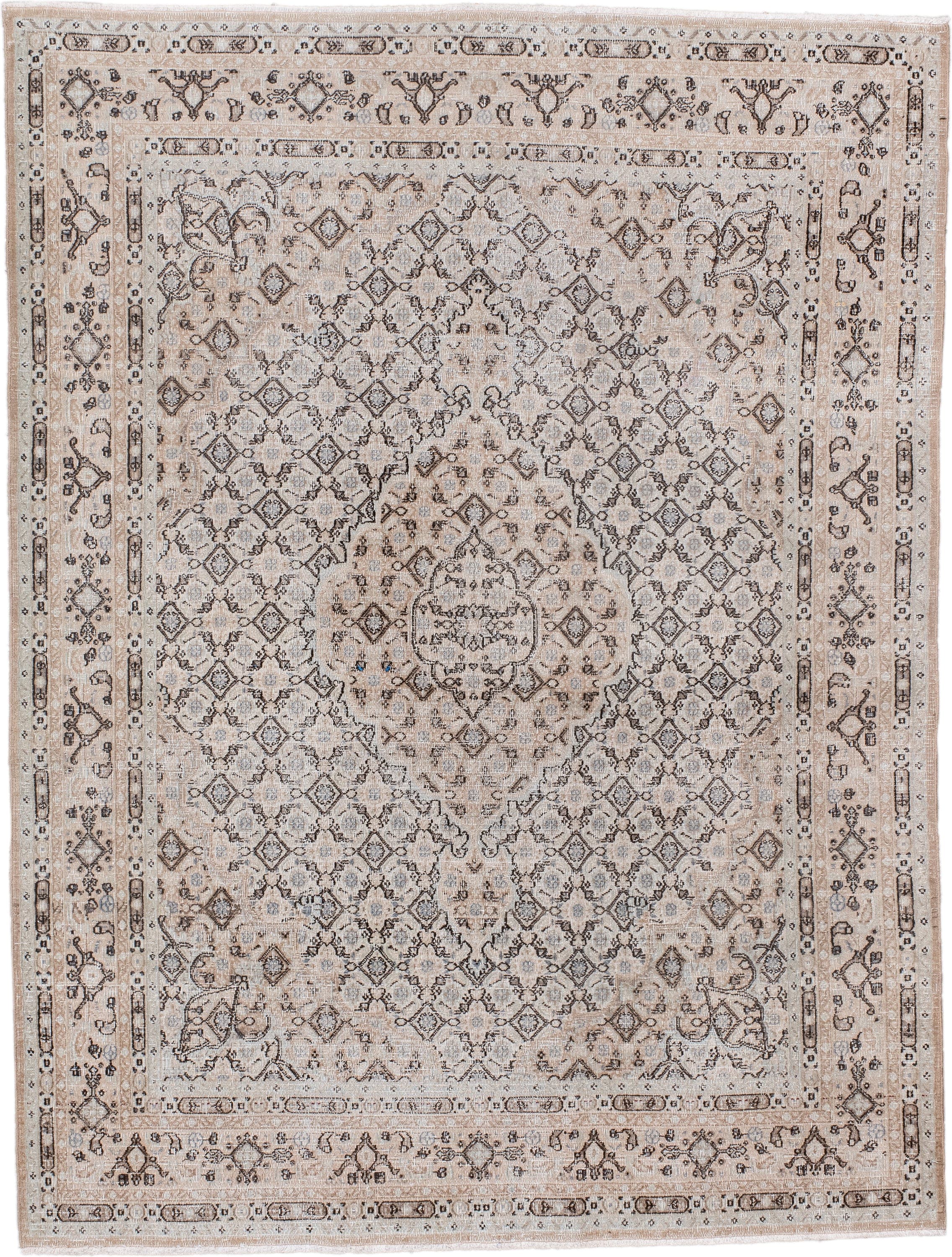 4' x 6' one-of-a-kind handmade antique Meshed small size rug. Color palette: ivory, taupe, beige, brown, camel, slate
