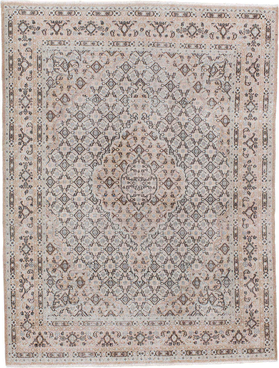 4' x 6' one-of-a-kind handmade antique Meshed small size rug. Color palette: ivory, taupe, beige, brown, camel, slate