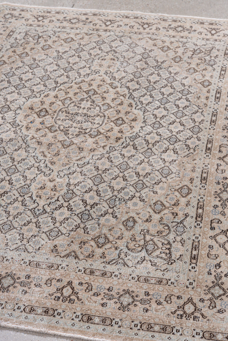 4' x 6' one-of-a-kind handmade antique Meshed small size rug. Color palette: ivory, taupe, beige, brown, camel, slate