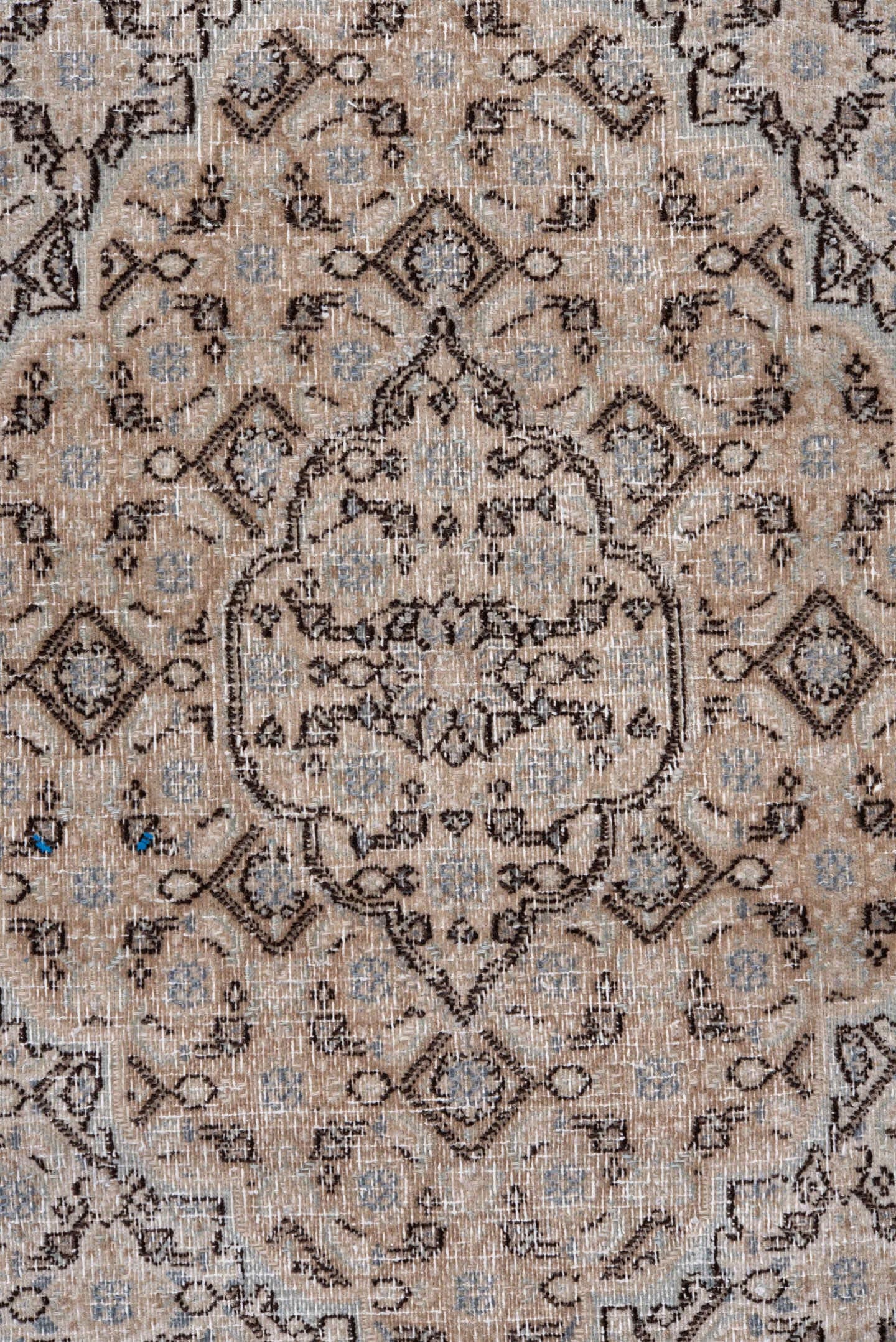 4' x 6' one-of-a-kind handmade antique Meshed small size rug. Color palette: ivory, taupe, beige, brown, camel, slate