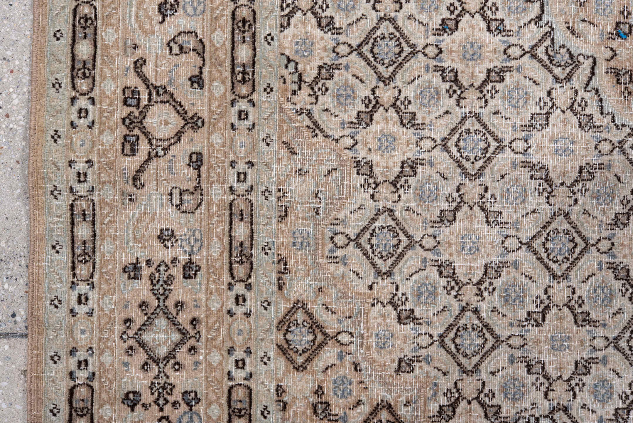 4' x 6' one-of-a-kind handmade vintage Meshed small size rug. Color palette: black, blue, brown, dark gray, dim gray