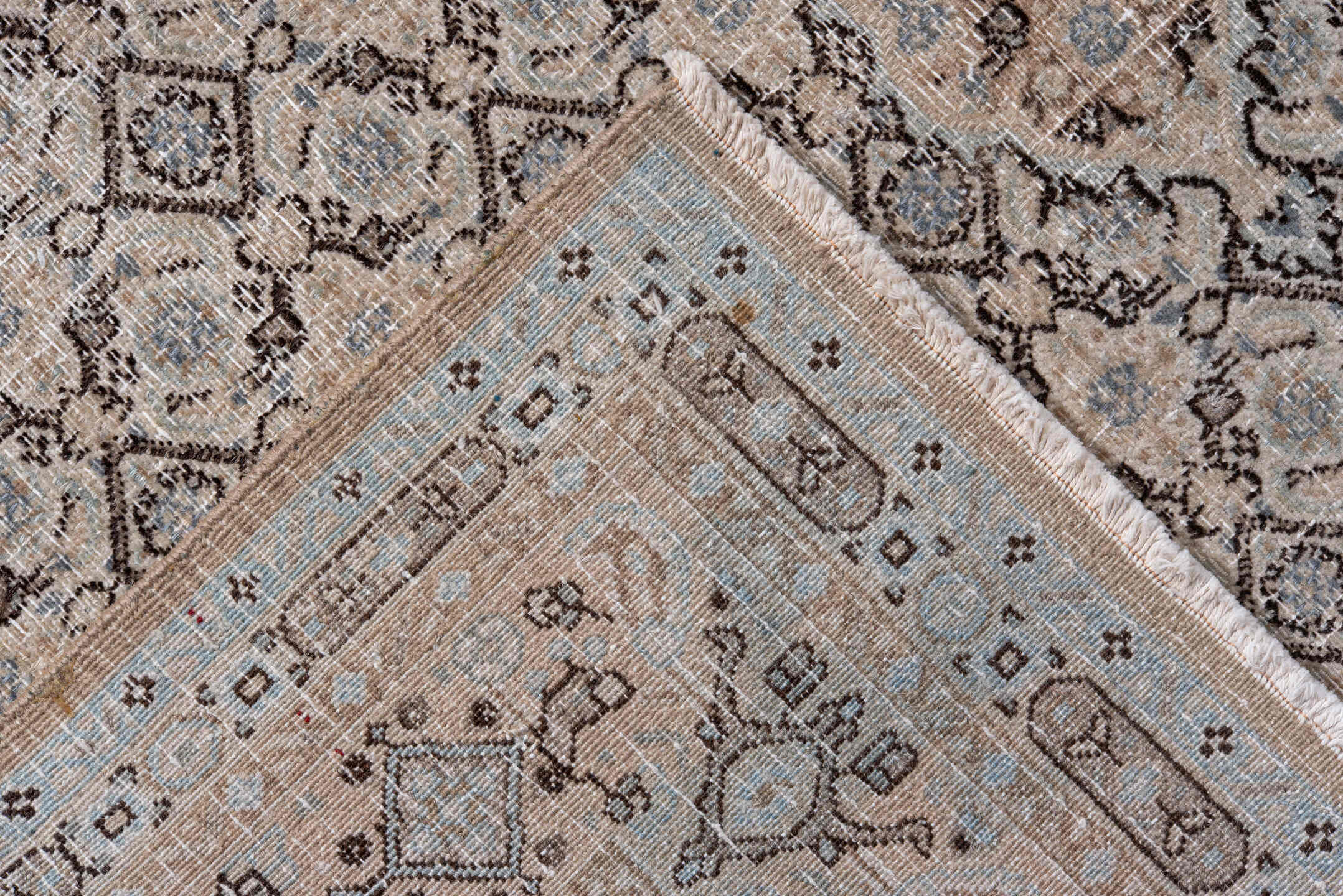 4' x 6' one-of-a-kind handmade antique Meshed small size rug. Color palette: ivory, taupe, beige, brown, camel, slate