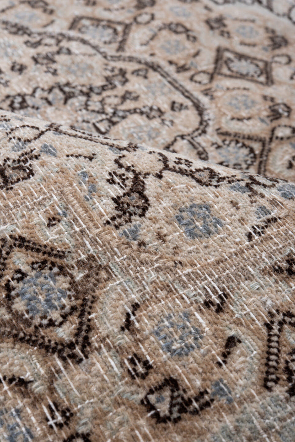 4' x 6' one-of-a-kind handmade antique Meshed small size rug. Color palette: ivory, taupe, beige, brown, camel, slate