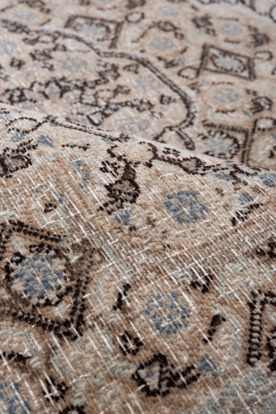 4' x 6' one-of-a-kind handmade antique Meshed small size rug. Color palette: ivory, taupe, beige, brown, camel, slate