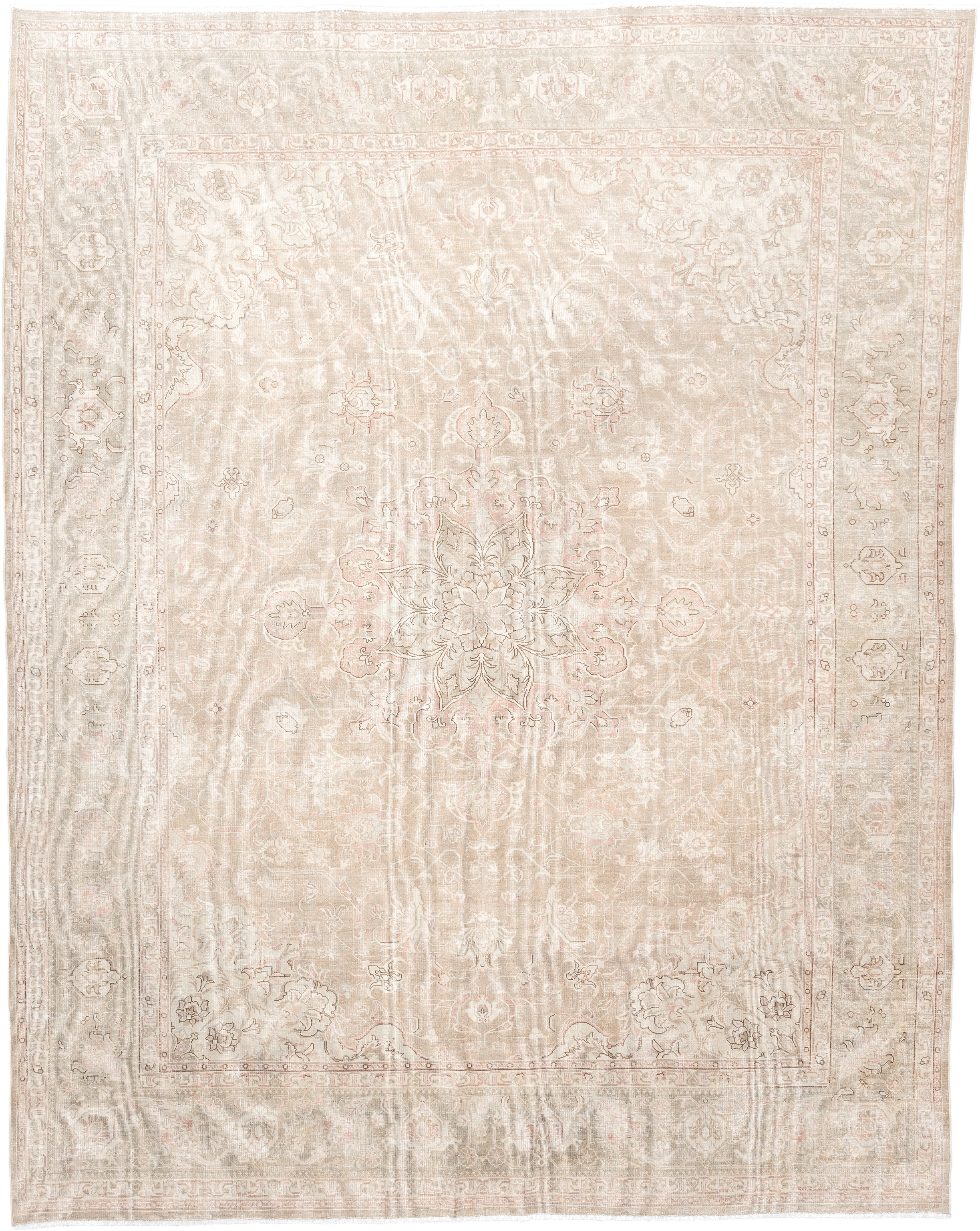 7' x 9' one-of-a-kind handmade vintage Tabriz rug. Color palette: ivory, blush, taupe, beige, sage, cream, pink, gray, green