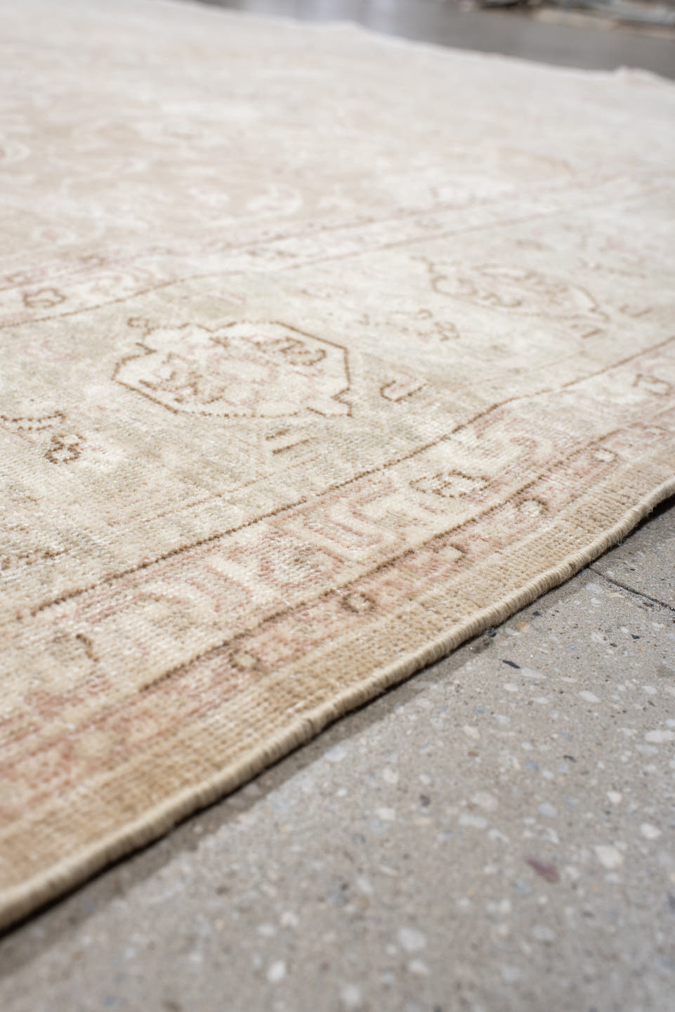 7' x 9' one-of-a-kind handmade vintage Tabriz rug. Color palette: ivory, blush, taupe, beige, sage, cream, pink, gray, green