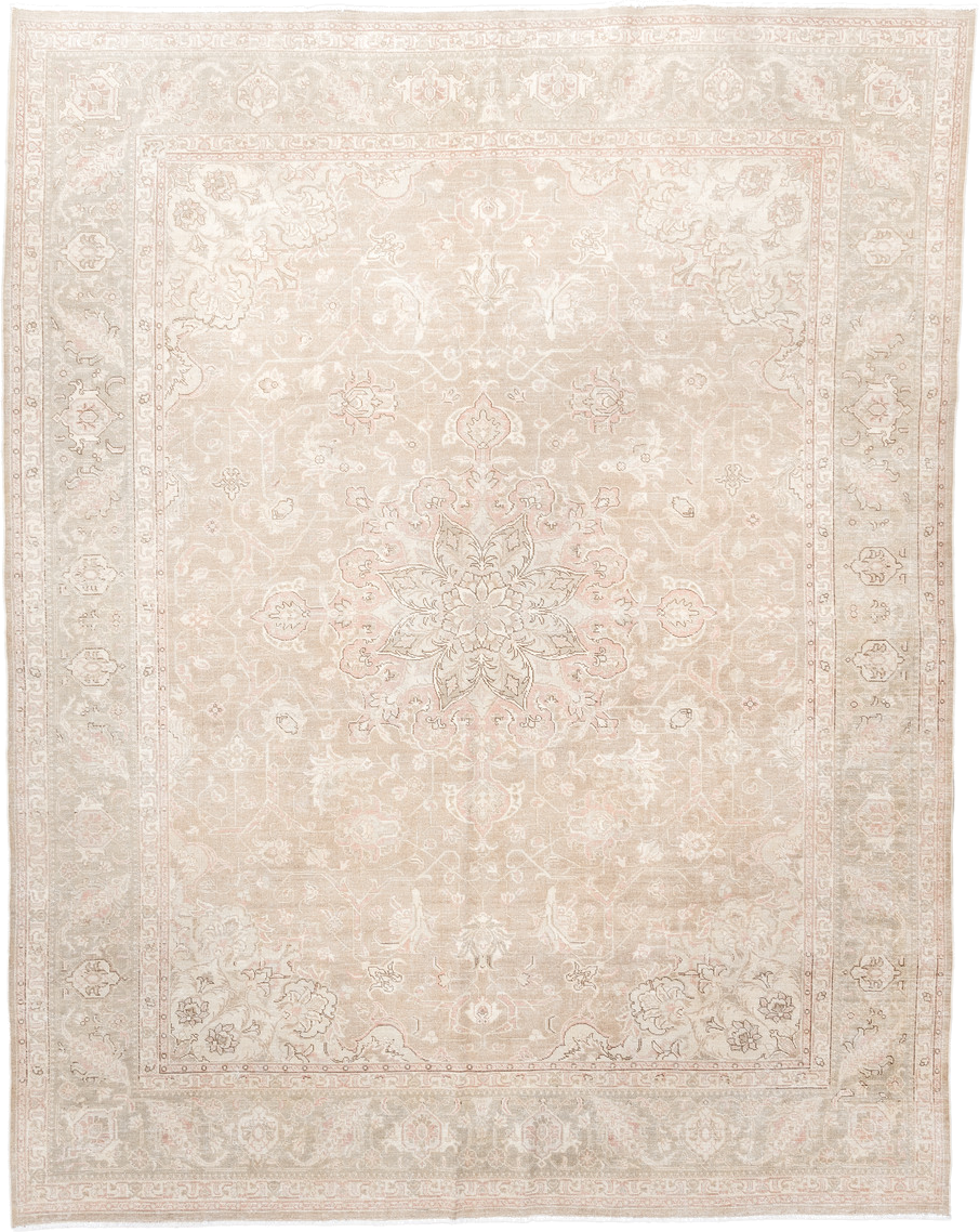 7' x 9' one-of-a-kind handmade vintage Tabriz rug. Color palette: ivory, blush, taupe, beige, sage, cream, pink, gray, green