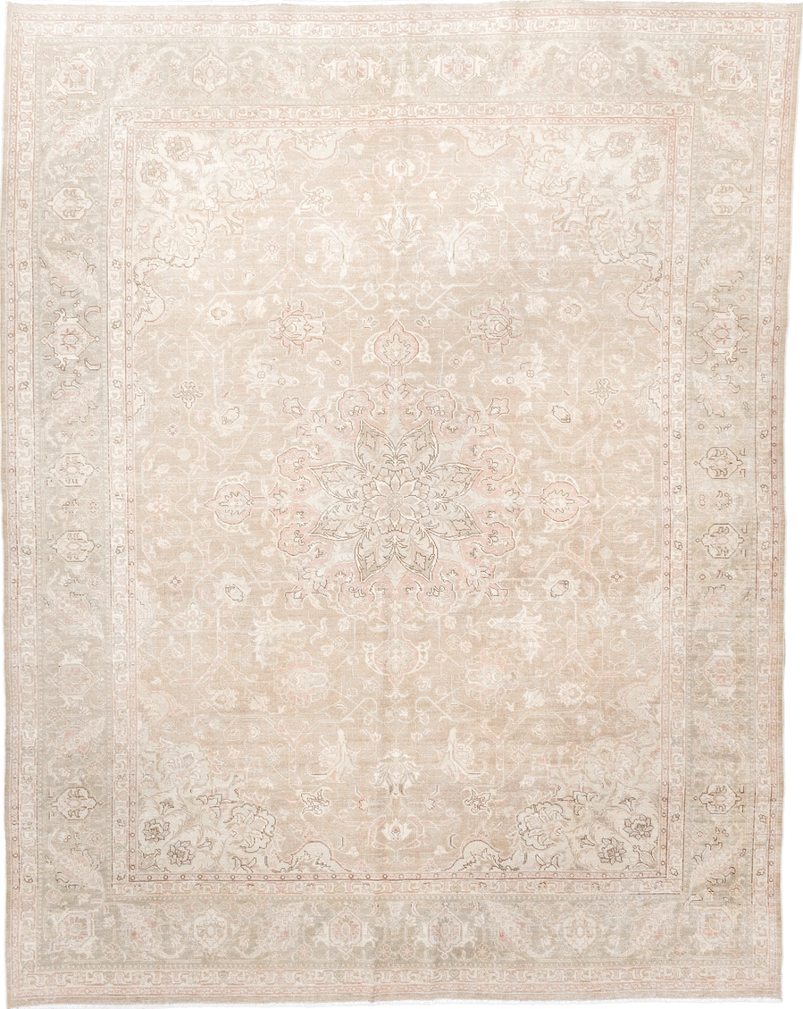 7' x 9' one-of-a-kind handmade vintage Tabriz rug. Color palette: antiquewhite, beige, brown, gray, light gray, linen