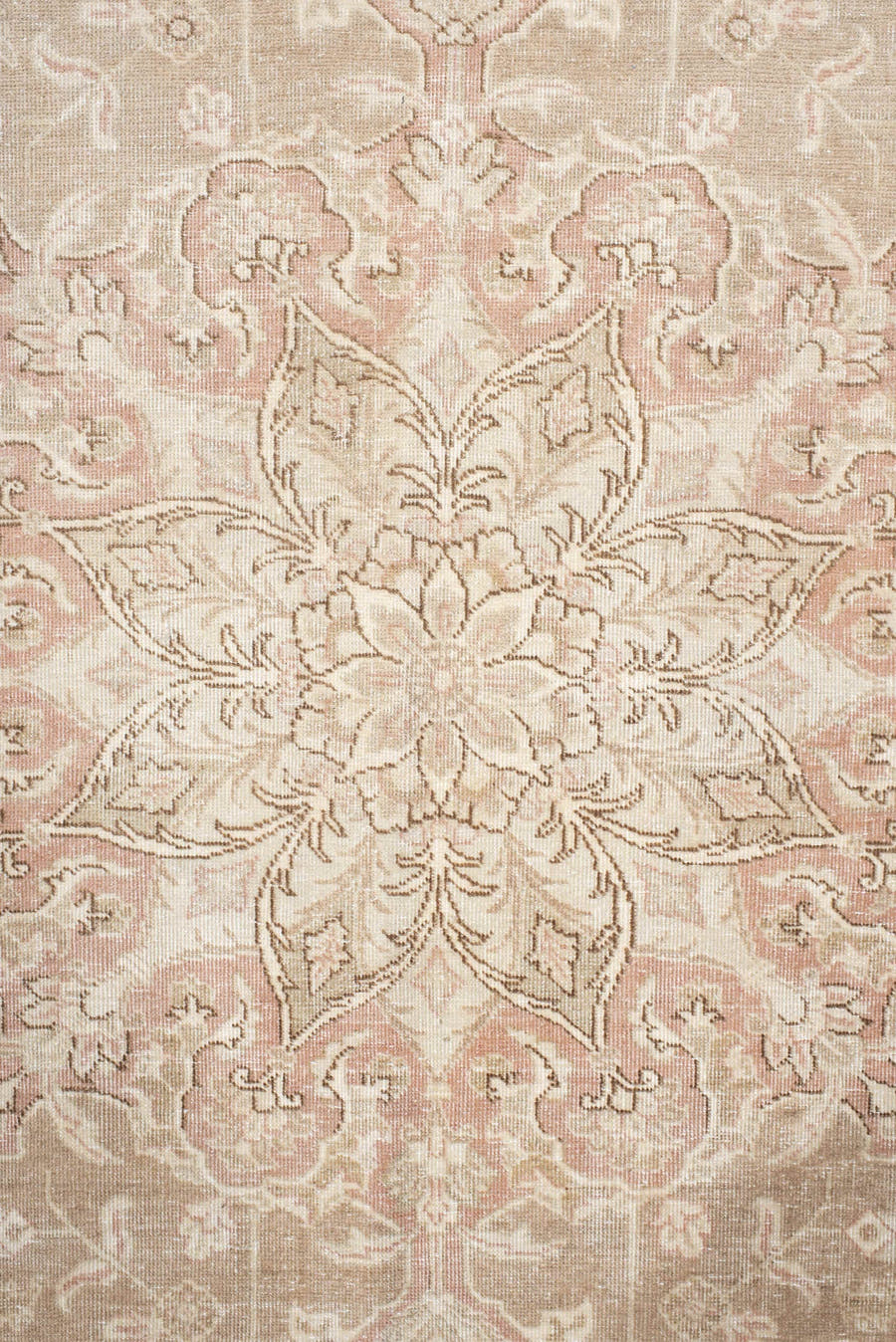 7' x 9' one-of-a-kind handmade vintage Tabriz rug. Color palette: ivory, blush, taupe, beige, sage, cream, pink, gray, green