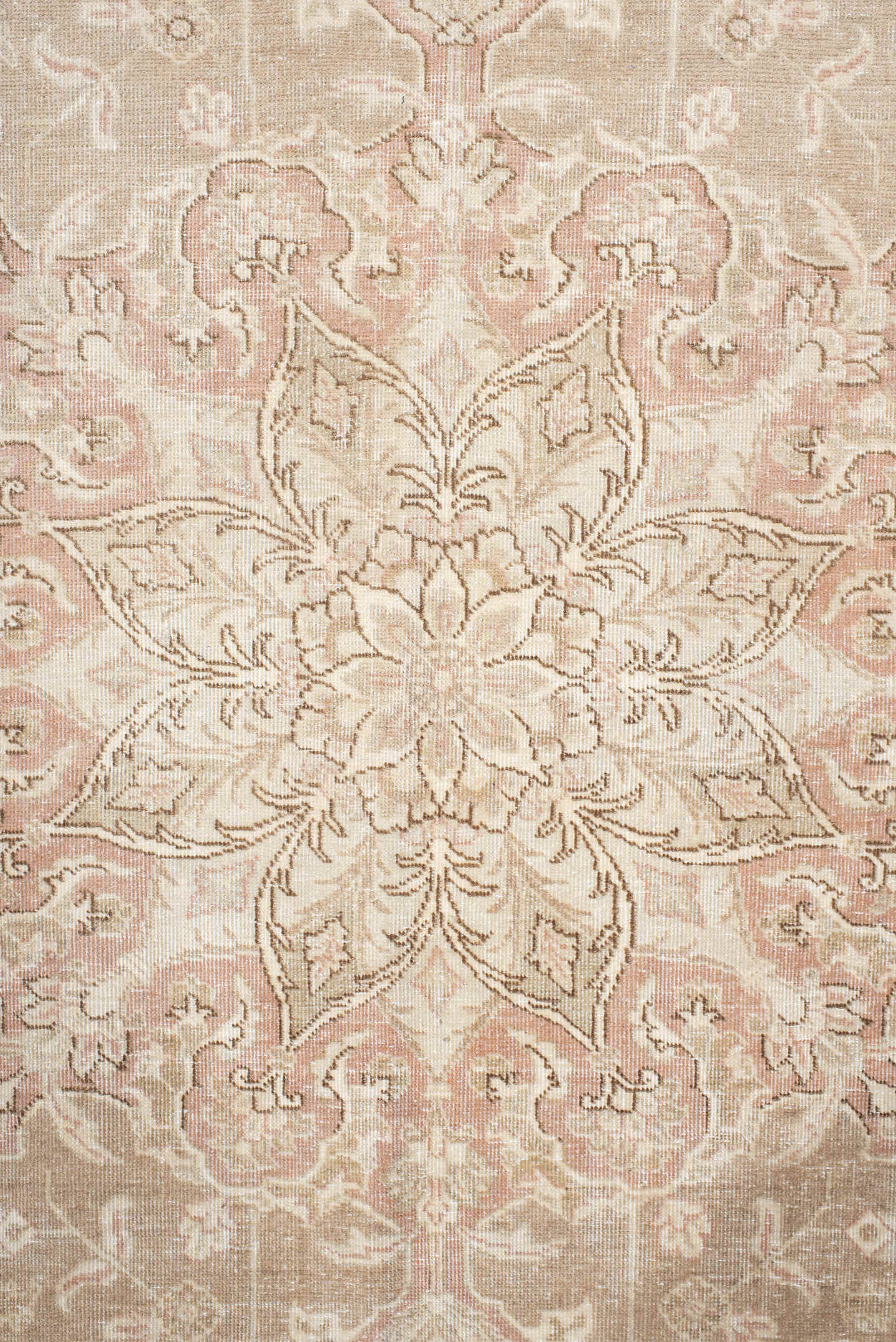 7' x 9' one-of-a-kind handmade vintage Tabriz rug. Color palette: ivory, blush, taupe, beige, sage, cream, pink, gray, green