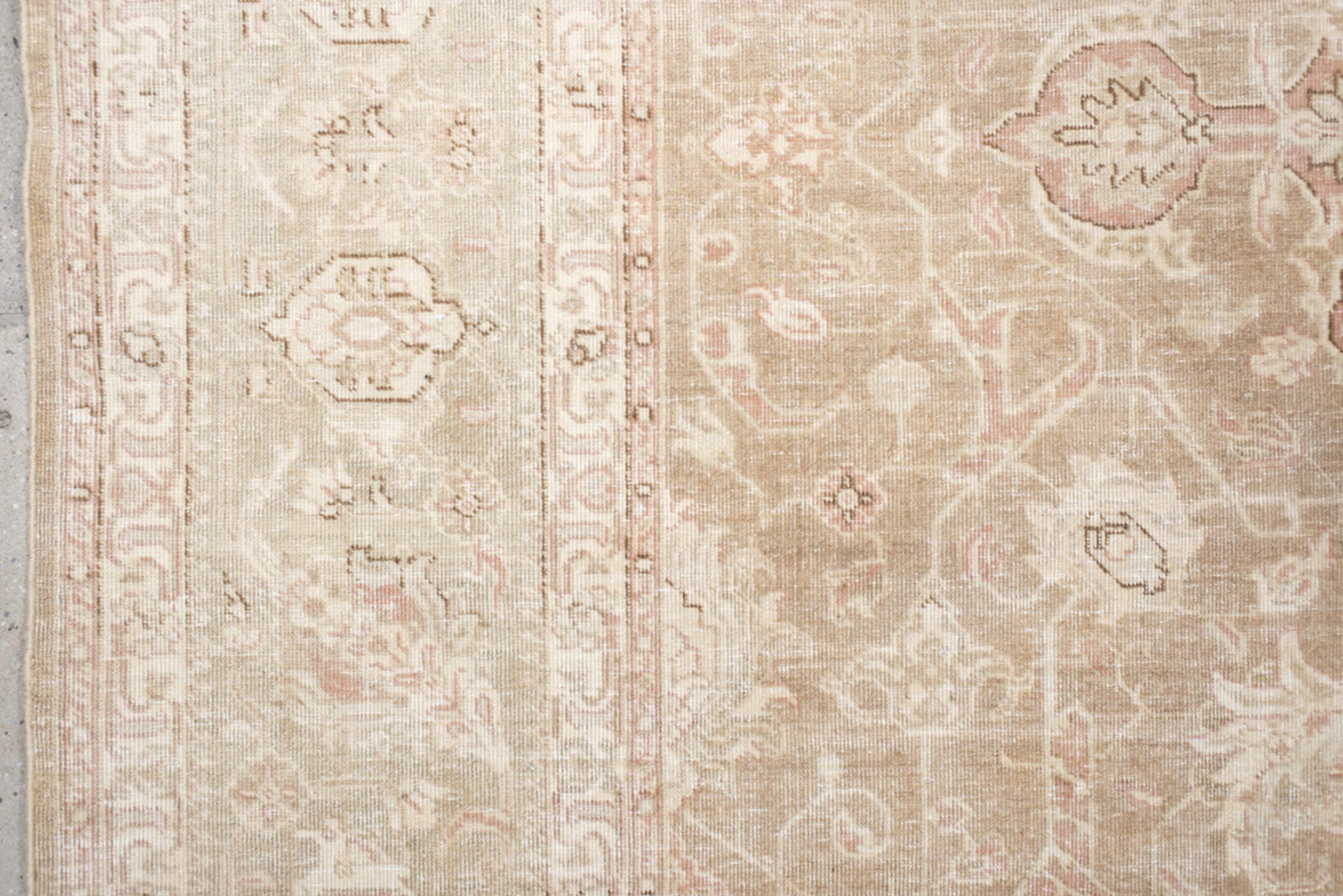 7' x 9' one-of-a-kind handmade vintage Tabriz rug. Color palette: ivory, blush, taupe, beige, sage, cream, pink, gray, green