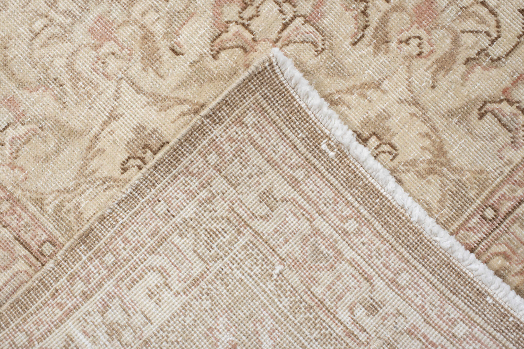 7' x 9' one-of-a-kind handmade vintage Tabriz rug. Color palette: ivory, blush, taupe, beige, sage, cream, pink, gray, green