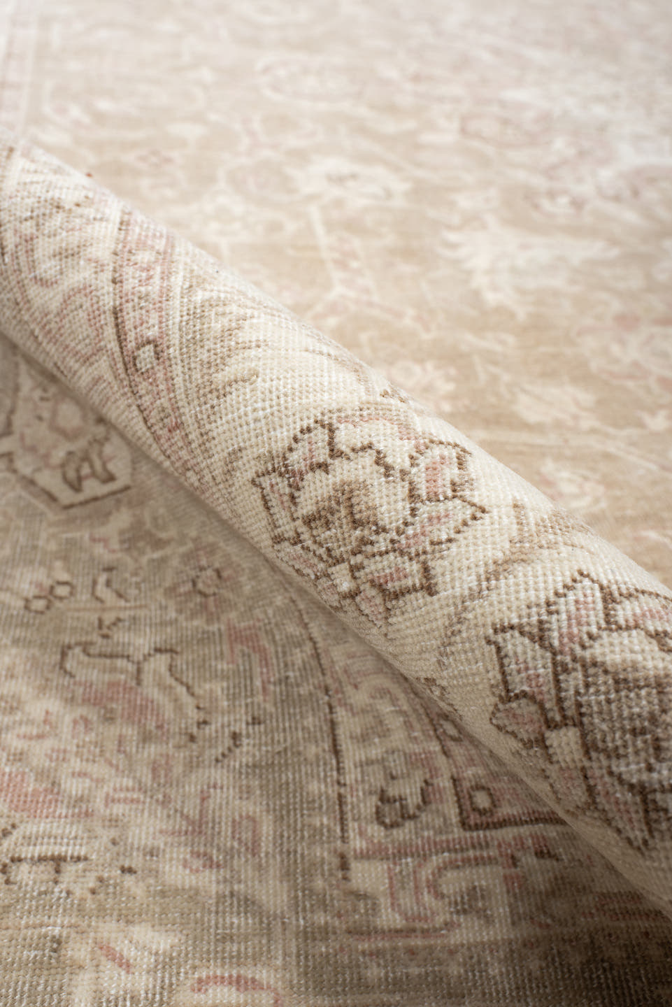 7' x 9' one-of-a-kind handmade vintage Tabriz rug. Color palette: ivory, blush, taupe, beige, sage, cream, pink, gray, green