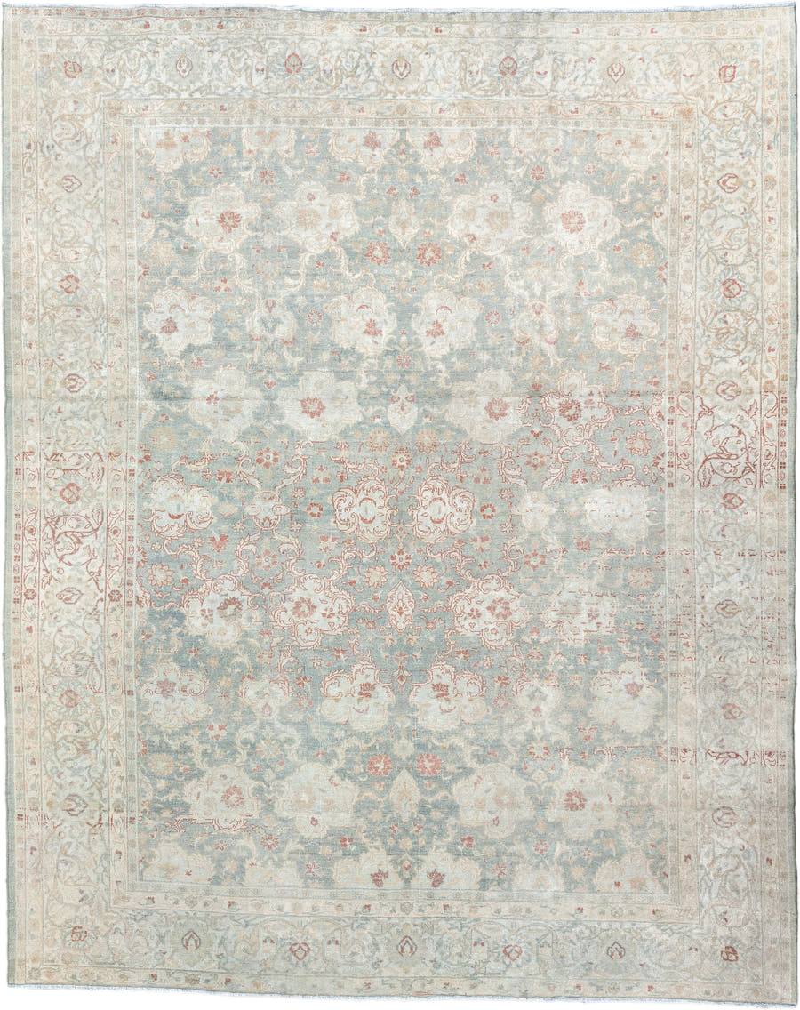 7' x 9' one-of-a-kind handmade vintage Tabriz large size rug. Color palette: ivory, pale blue, cream, rose, taupe, sage