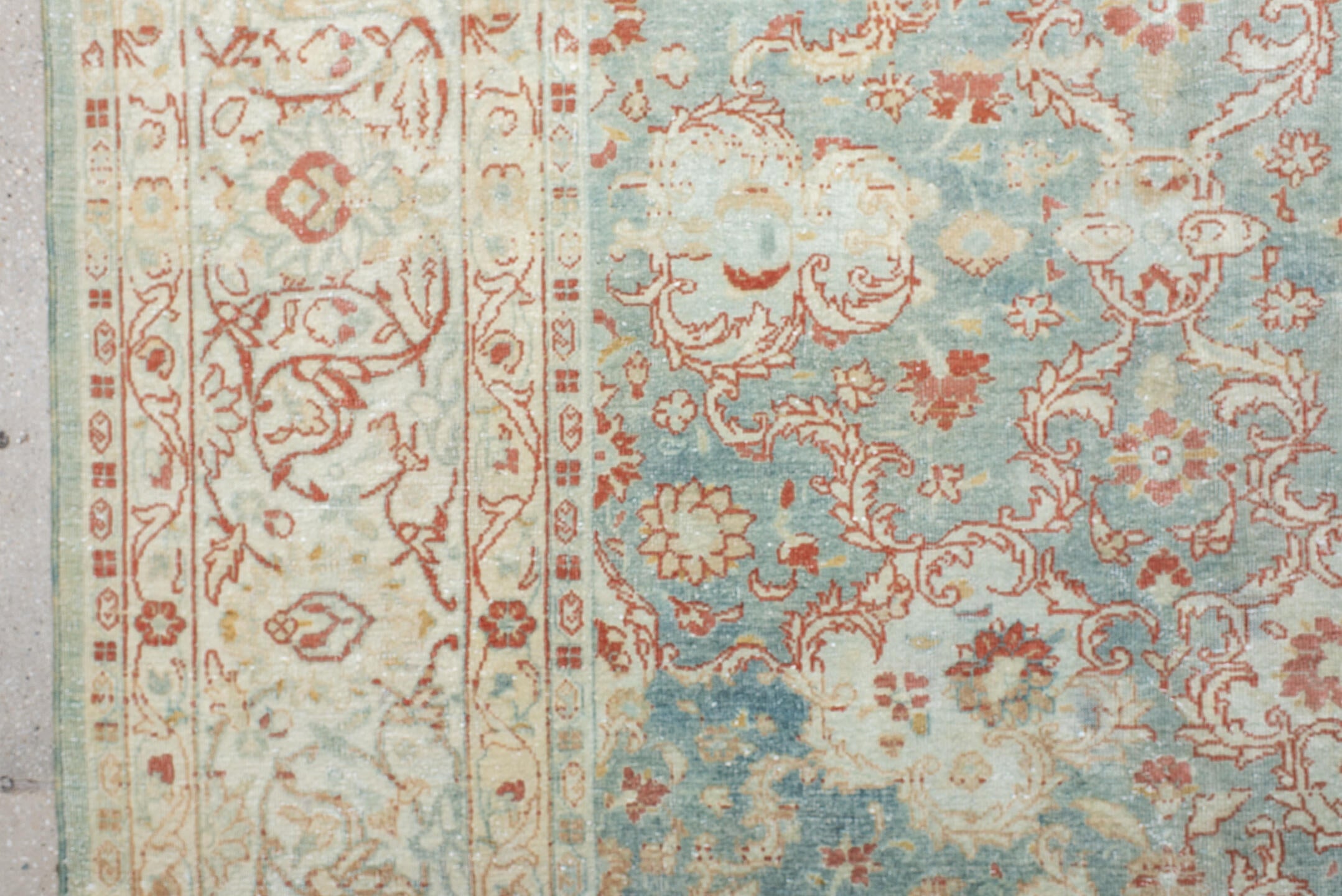 7' x 9' one-of-a-kind handmade vintage Tabriz large size rug. Color palette: ivory, pale blue, cream, rose, taupe, sage