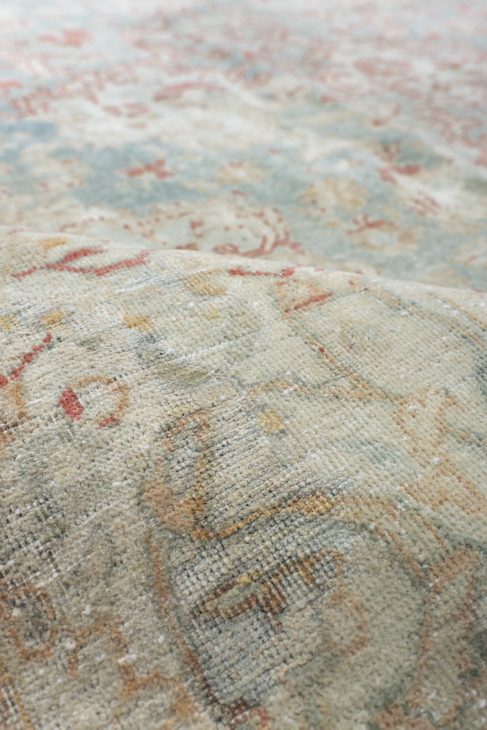 7' x 9' one-of-a-kind handmade vintage Tabriz large size rug. Color palette: ivory, pale blue, cream, rose, taupe, sage