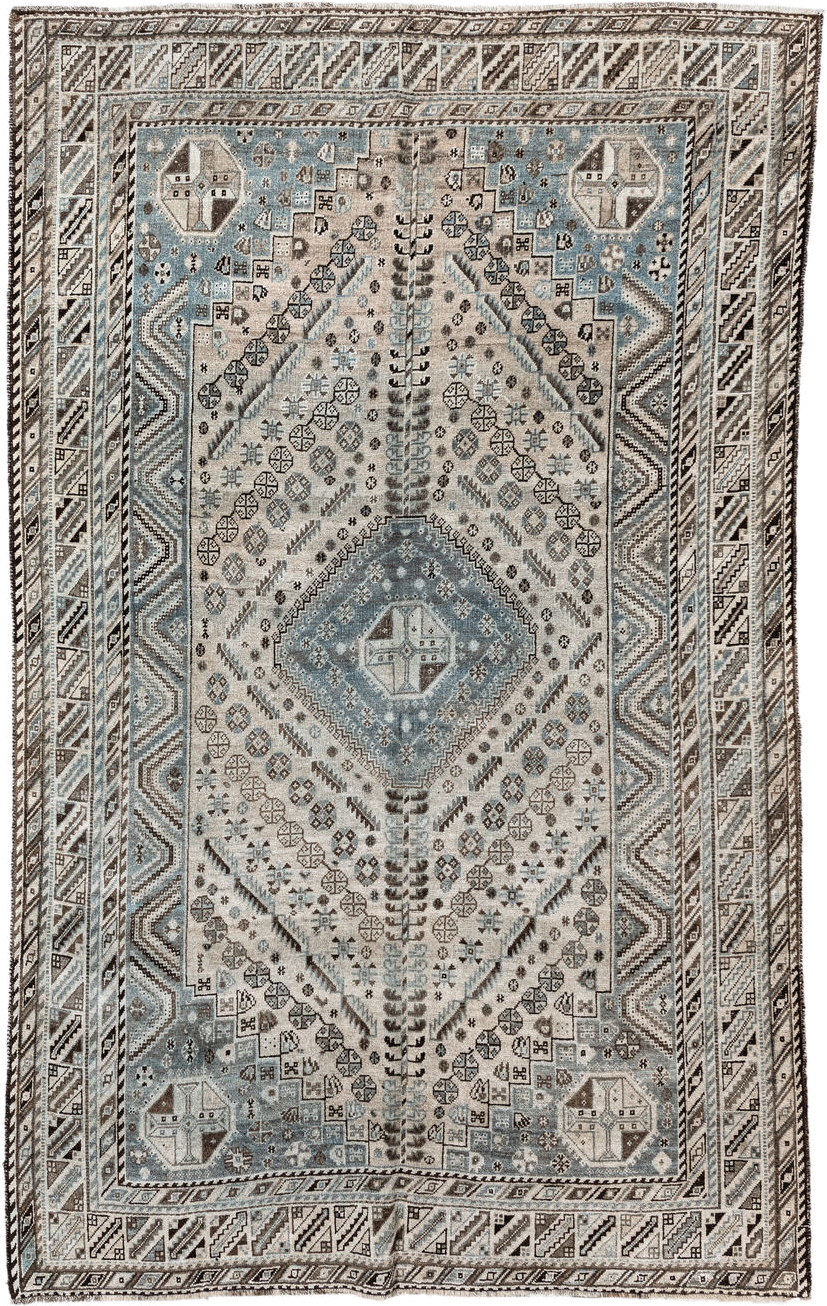 5' x 8' one-of-a-kind handmade antique Shiraz medium size rug. Color palette: ivory, powder blue, brown, charcoal, taupe