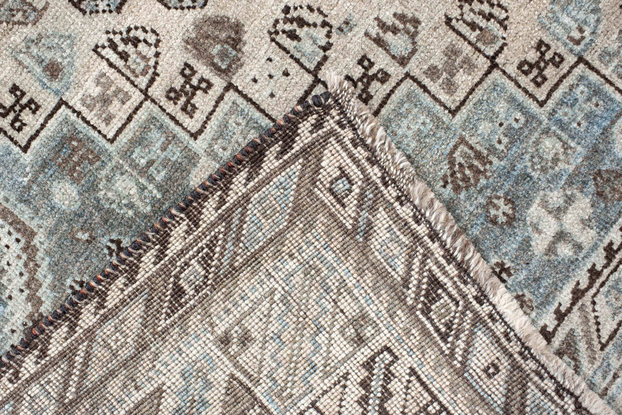 5' x 8' one-of-a-kind handmade antique Shiraz medium size rug. Color palette: ivory, powder blue, brown, charcoal, taupe