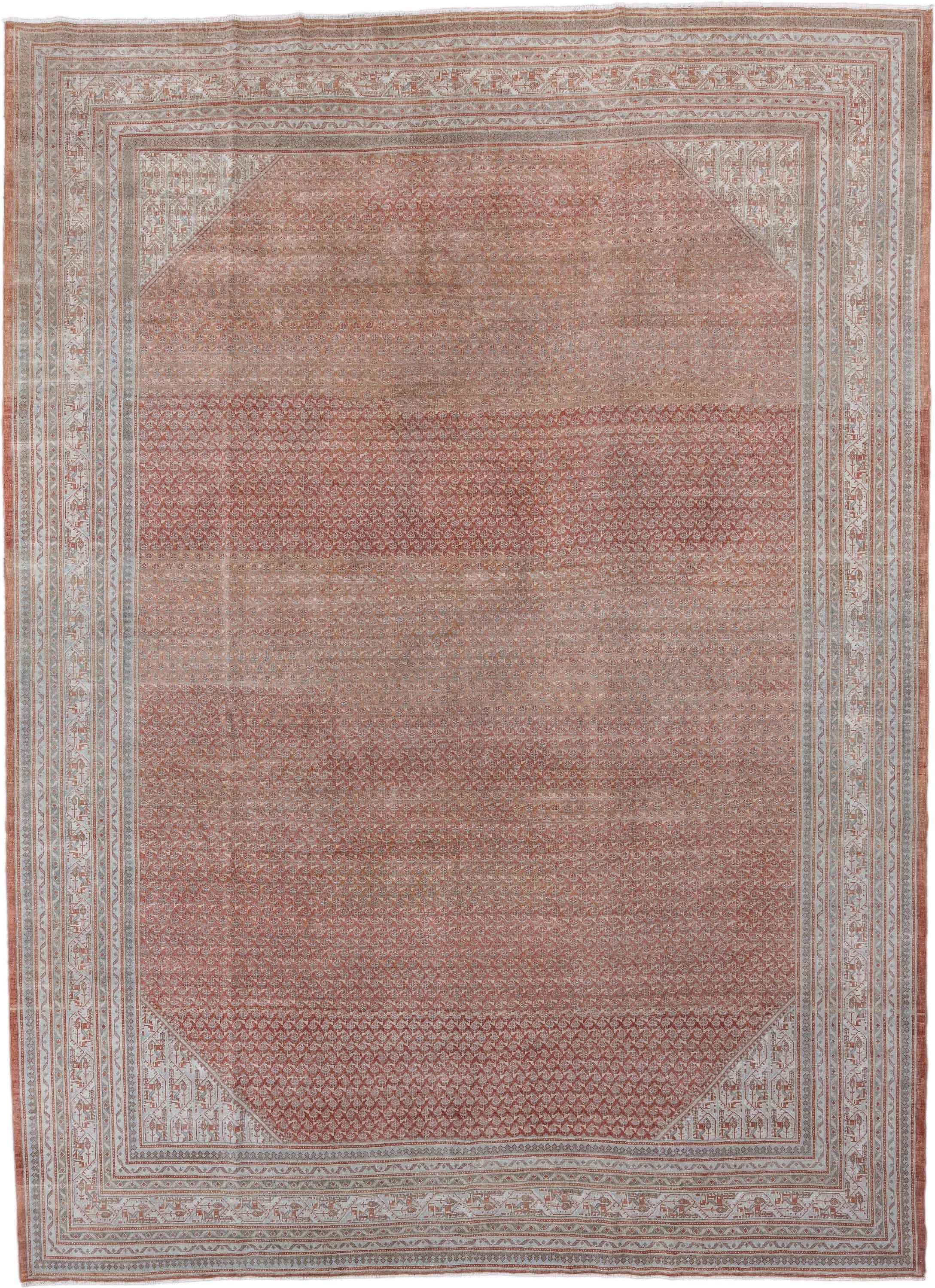 8' x 12' one-of-a-kind handmade antique Saraband large size rug. Color palette: terra cotta, ivory, rose, taupe, rust