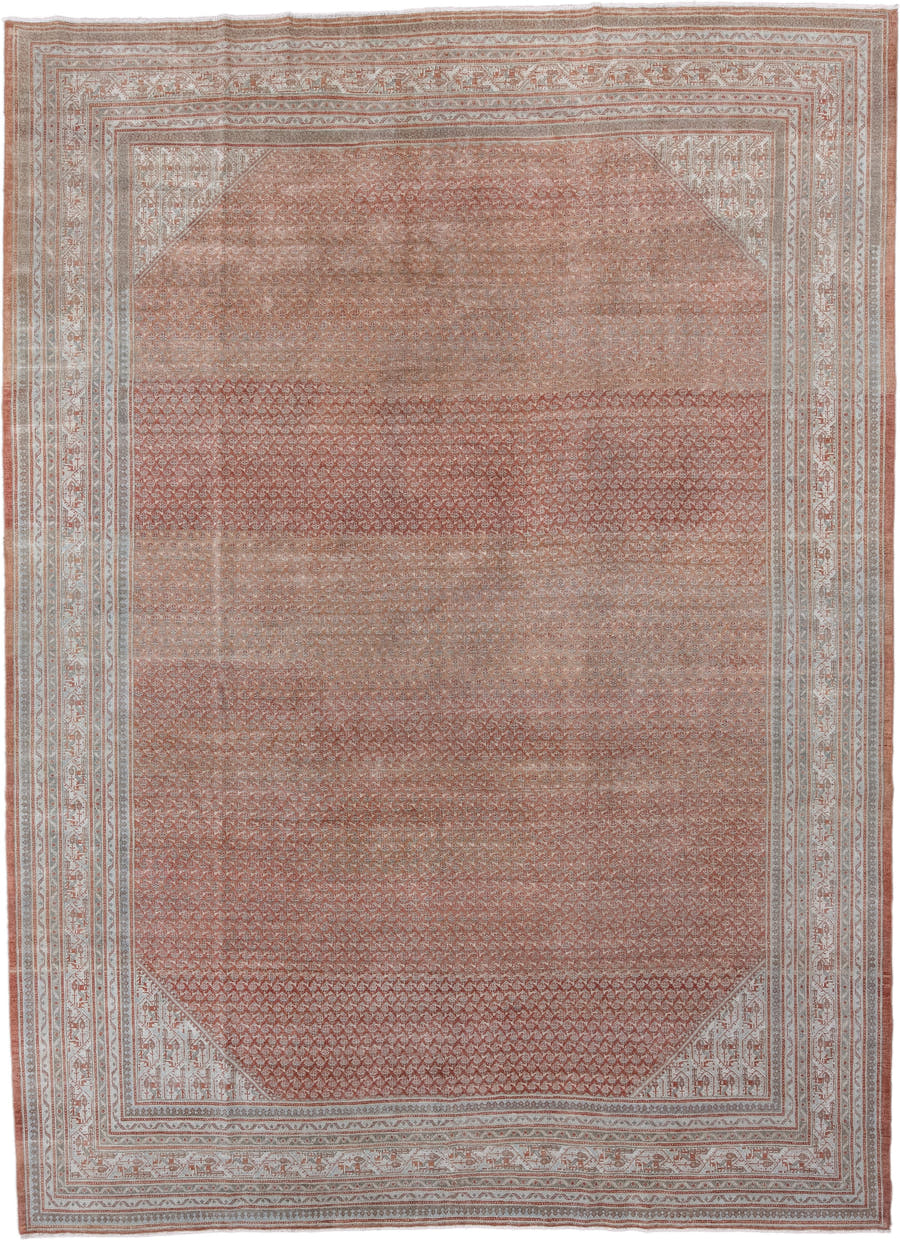 8' x 12' one-of-a-kind handmade antique Saraband large size rug. Color palette: terra cotta, ivory, rose, taupe, rust