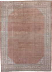 8' x 12' one-of-a-kind handmade antique Saraband large size rug. Color palette: terra cotta, ivory, rose, taupe, rust