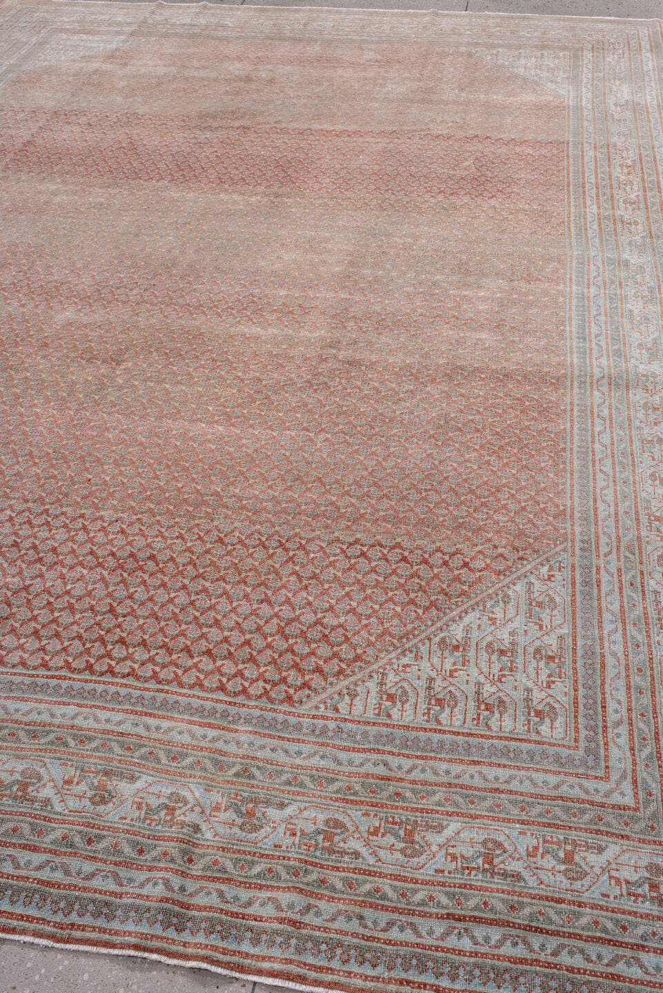 8' x 12' one-of-a-kind handmade antique Saraband large size rug. Color palette: terra cotta, ivory, rose, taupe, rust