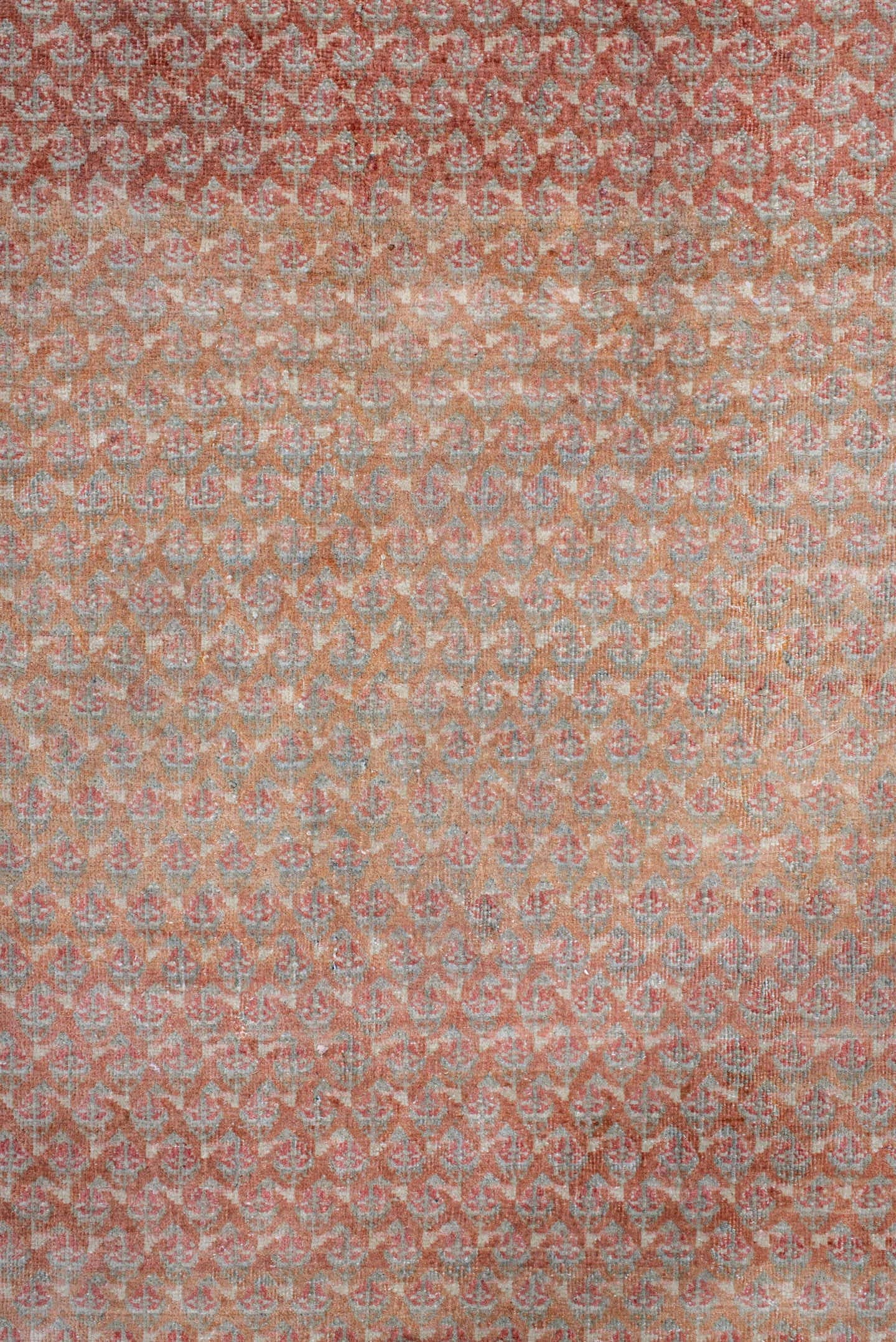 8' x 12' one-of-a-kind handmade antique Saraband large size rug. Color palette: terra cotta, ivory, rose, taupe, rust